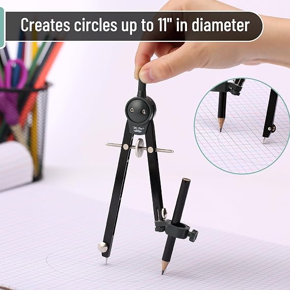 Mr. Pen- Metal Geometry Compass, Center-Wheel Design, Precision Drafting Compass with Pencil for School & Technical Drawing, Draws Circles up to 11 Inches Diameter