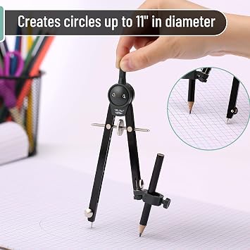 Mr. Pen- Metal Geometry Compass, Center-Wheel Design, Precision Drafting Compass with Pencil for School & Technical Drawing, Draws Circles up to 11 Inches Diameter