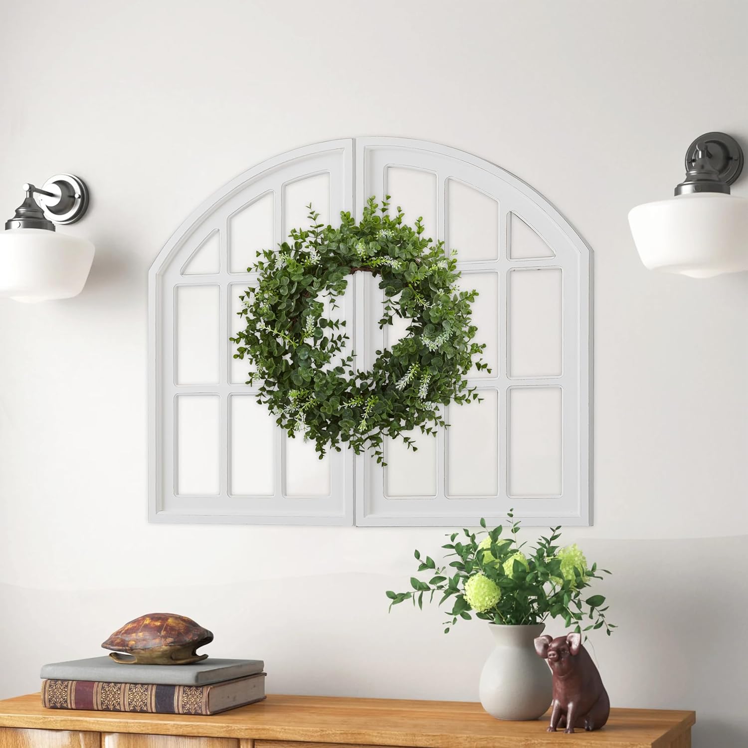 Sintosin Rustic Arch Window Frame Wall Decor 30 Inch Tall, Set of 2 Hanging Distressed White Farmhouse Cathedral Wall Decor, Handmade Wooden Window Pane for Living Room Entryway
