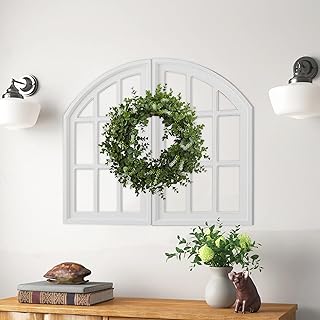 Sintosin Rustic Arch Window Frame Wall Decor 30 Inch Tall, Set of 2 Hanging Distressed White Farmhouse Cathedral Wall Decor, Handmade Wooden Window Pane for Living Room Entryway
