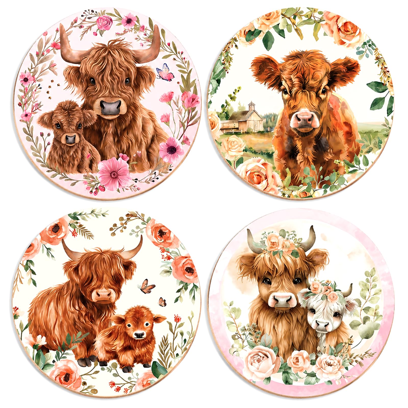 4Pcs Highland Cow Coasters, Wooden Coasters with Animal & Floral, Country Style Coaster Set for Living Room, Dining Room and Office, Highland Cow Gifts for Friends, Neighbors and Colleagues