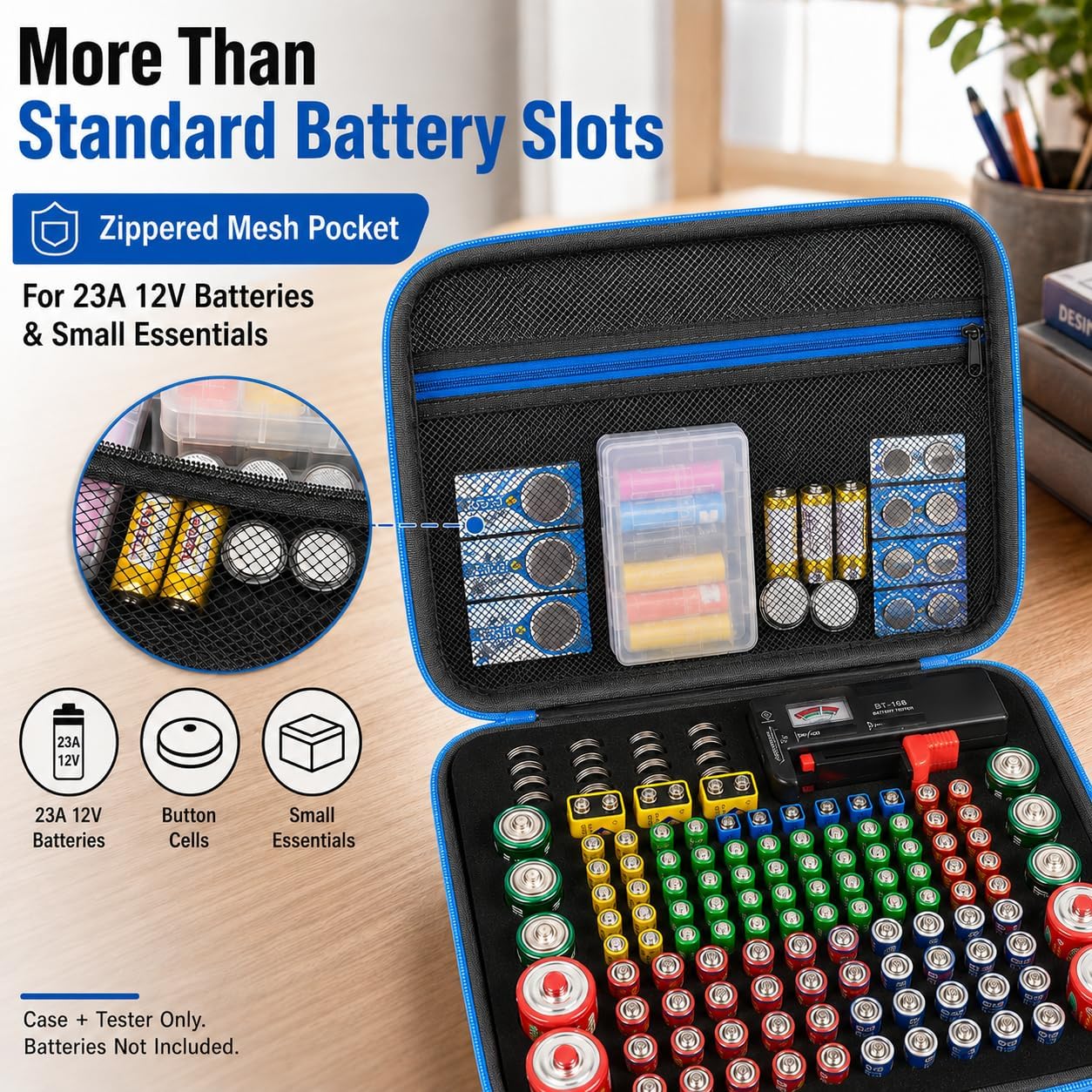 ALKOO Battery Organizer Storage Case with BT-168 Tester, Holds 136+ Batteries AA AAA C D 9V & Button Cells - Universal Battery Holder Box for Home, Office and Garage, Household, Professional Use, Blue