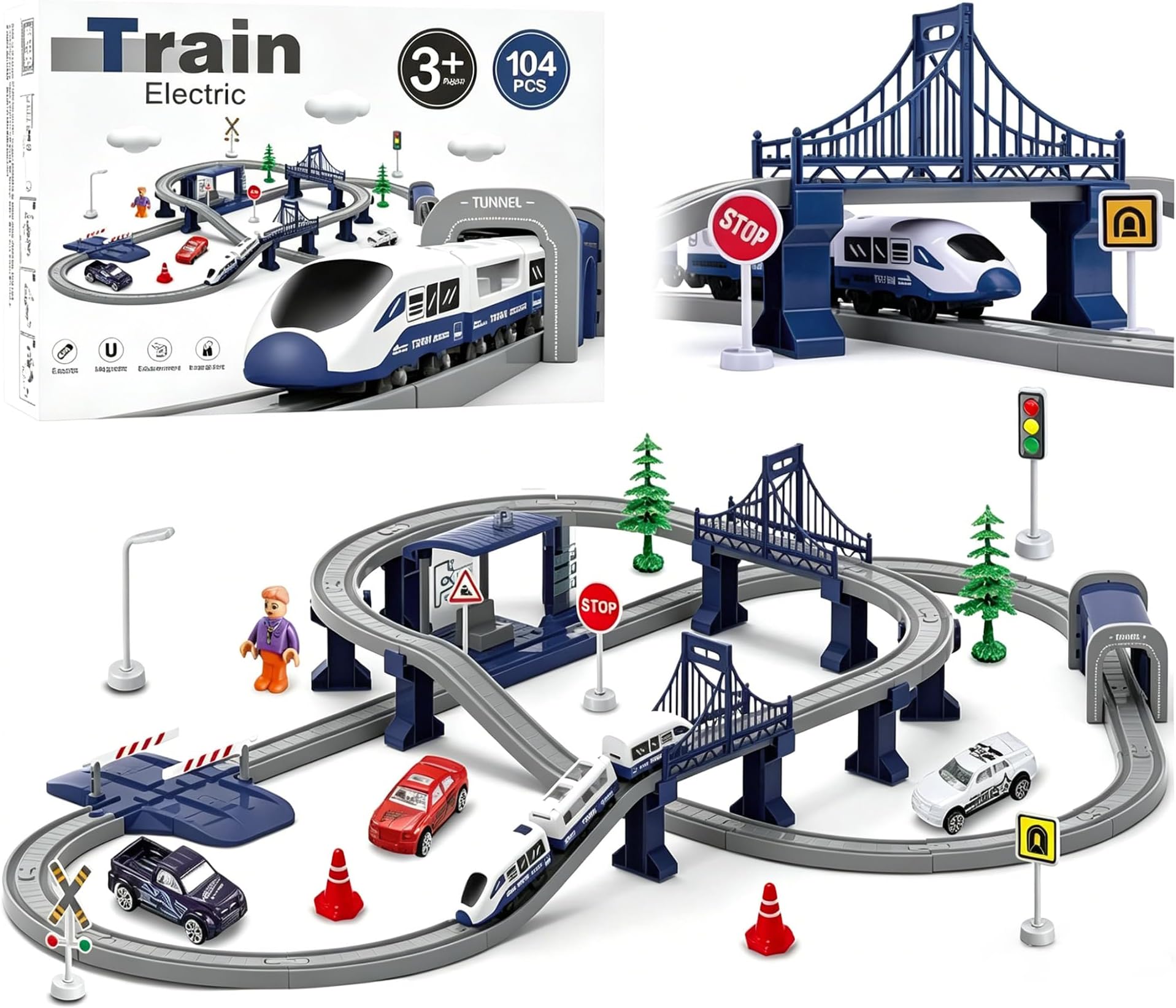 Wdmiya Train Sets for Boys 4-7, 104 Pcs Battery Operated Train Set with Tracks(Magnetic Connection), Compatible with Thomas, Brio, Chuggington, Gifts for 3 4 5 6 Years Old (City Blue 104 Pcs)