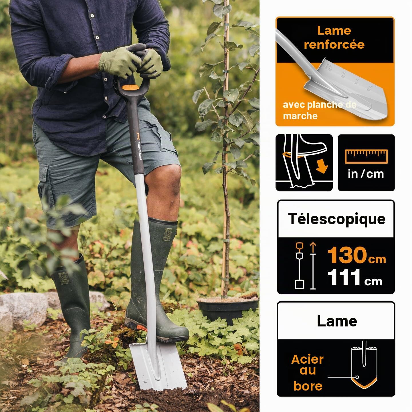 Fiskars Bêche Télescopique pour Sols durs et caillouteux, Pointue, longueur : 111 - 130 cm, Lame renforcée en Acier au bore, Noir/orange, Xact, 1066732