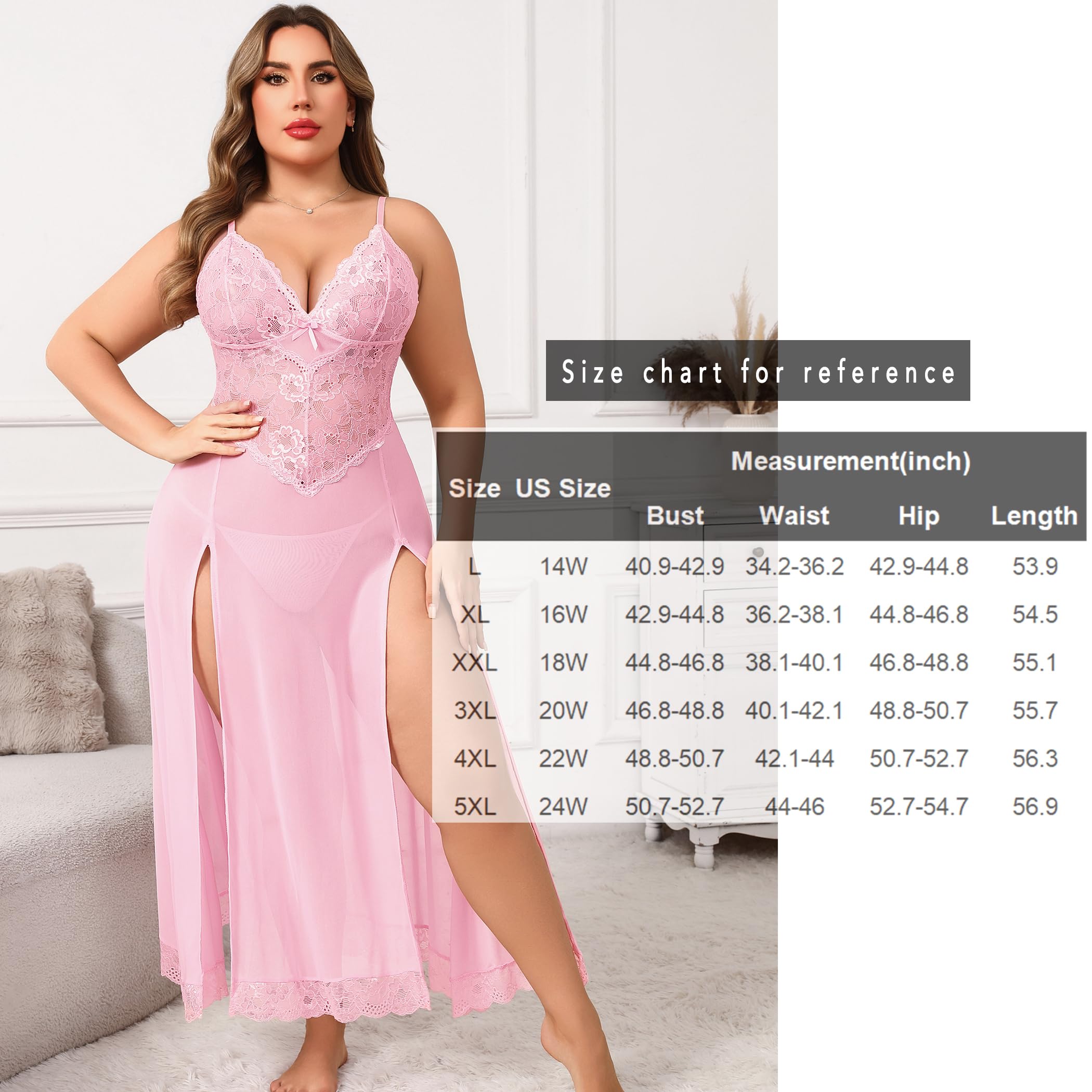 Avidlove Plus Size Lingerie for Women Sexy Lace Babydoll Long Lingerie Dress Side Split Nightgown