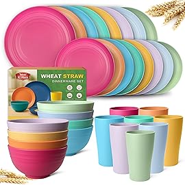 Teivio 32-Piece Kitchen Plastic Wheat Straw Dinnerware Sets, Service for 8, Dinner Plates, Dessert Plate, Cereal Bowls, Cups, Unbreakable Outdoor Camping Dishes Set,Colorful Hues