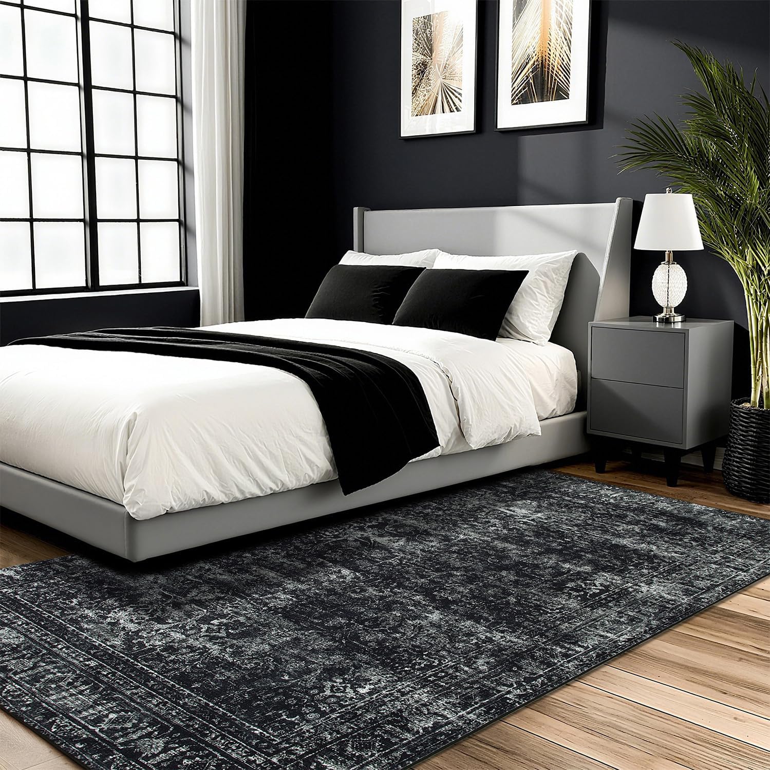 3x5 Area Rugs for Living Room, Non Slip Washable Rugs Large Rug Indoor Carpet, Durable & Soft Vintage Rug for Bedroom Dining Room Home Office Decor, Black