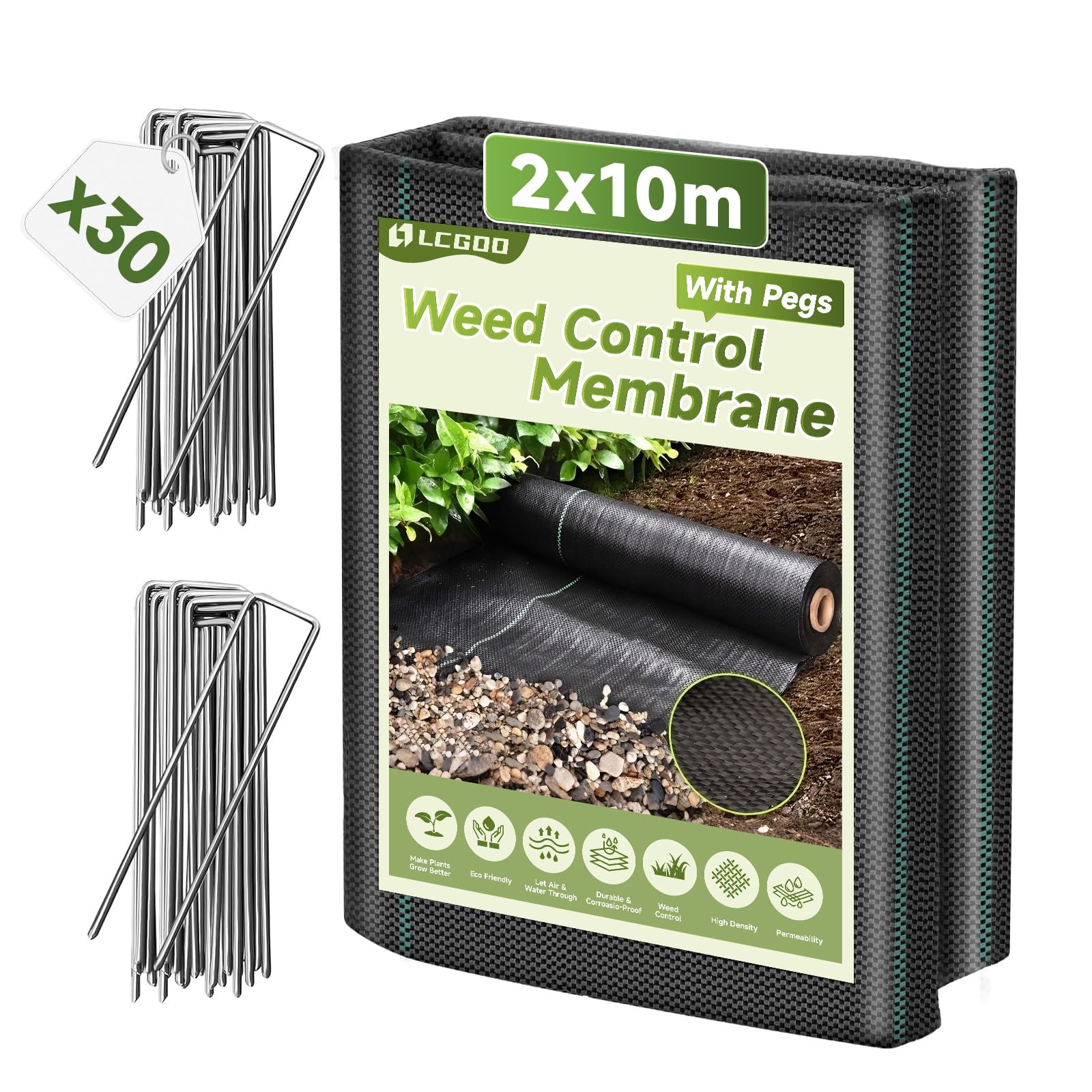 LCGOD Heavy Duty Weed Barrier 2m x 10m with 30 Pegs, 110gsm Woven Polypropylene, Wide Garden Membrane for Driveways, Gravel Paths & Patios
