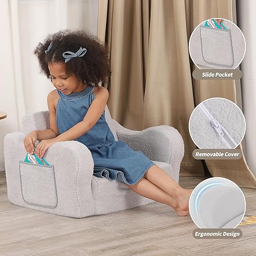 Miniatura 4 de Comfy - Silla para niños pequeños, sofá plegable 2 en 1, sofá sherpa convertible para niños y niñas, color gris