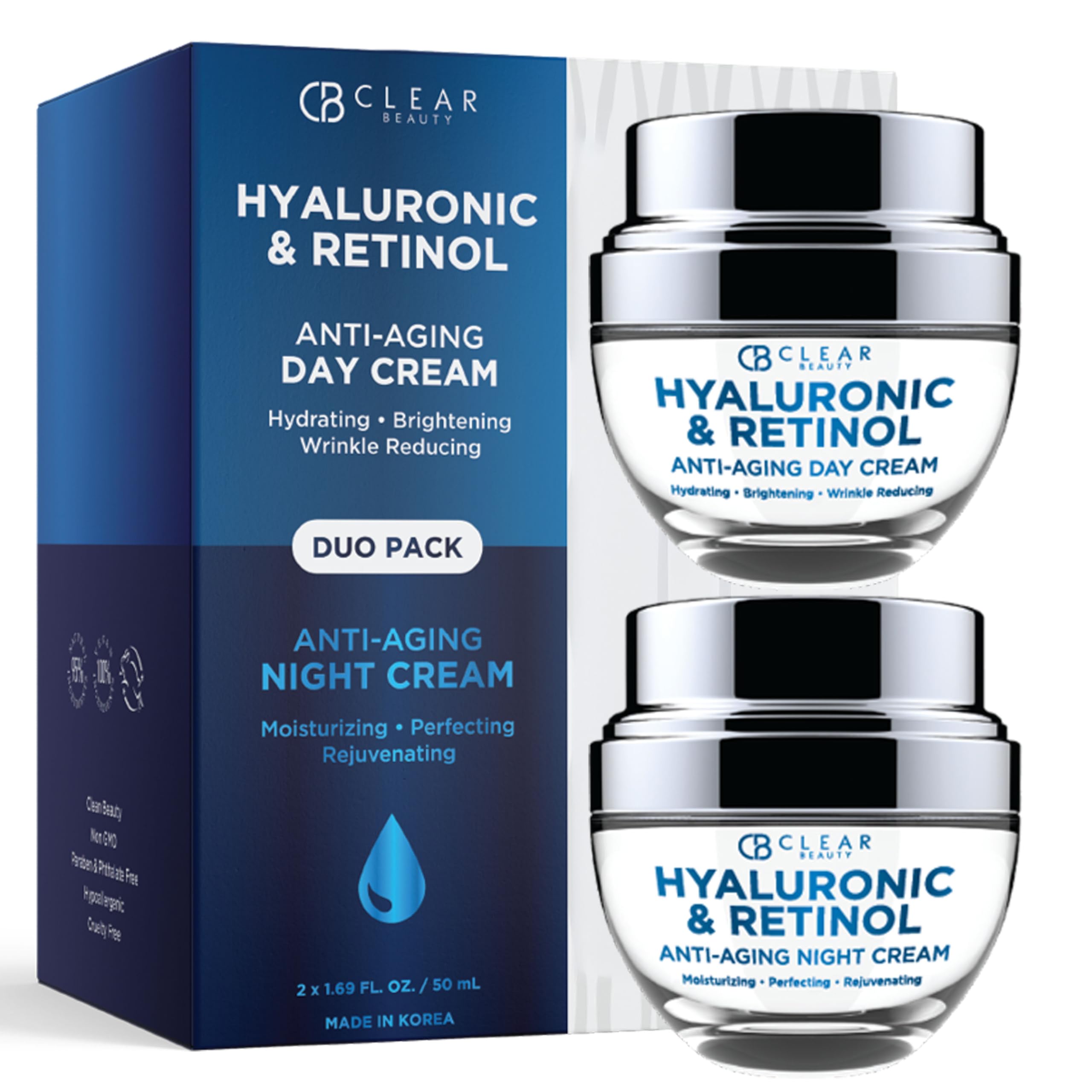Hyaluronic Acid & Retinol Day/Night Moisturizer Set - Dermatologist Tested, Anti-Aging, Hydrating Fine Lines & Wrinkles, Clean Beauty, Cruelty-Free Korean Skin Care - 1.69oz (2 Pack)