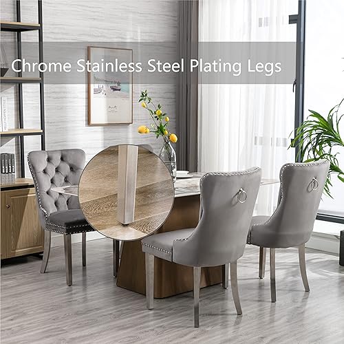 Miniatura 71 de Juego de 4 sillas de comedor de terciopelo beige, sillas de comedor tapizadas con adorno de tirador de anillo trasero y patas de madera maciza,