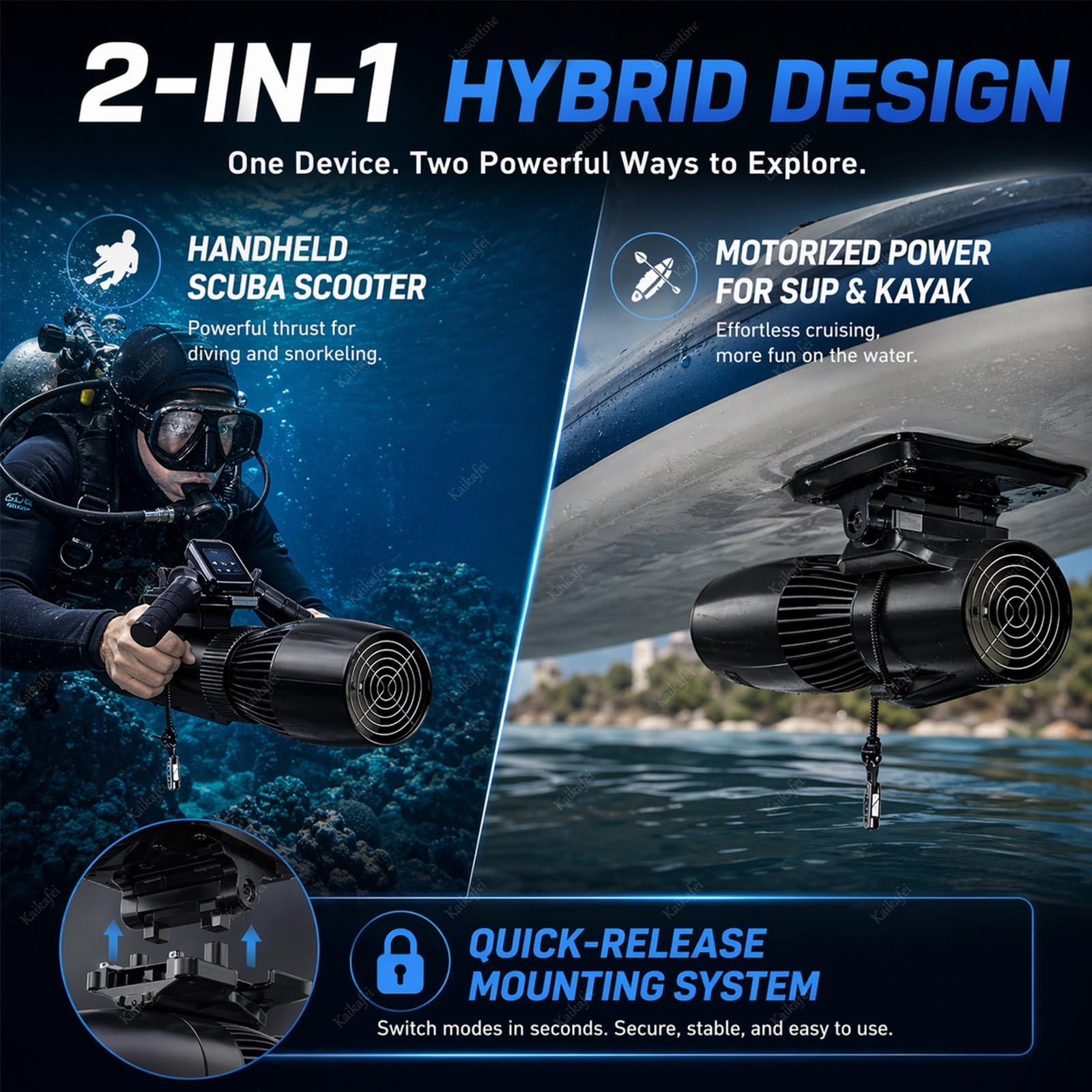 700W Scooter Subacuático con Empuje 9.5kg y Mango, 180 Minutos Profesional Scooter de Mar para Buceo Profundo, Resistente al Sal Motor Eléctrico para Piragua