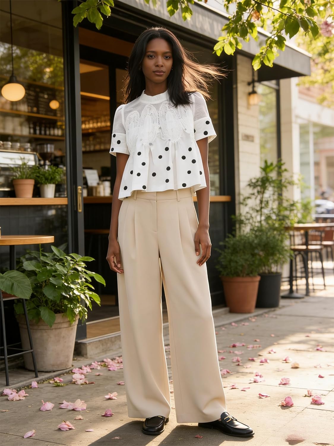 VAOYIU Women Lace-Detail Flared Blouse Short-Sleeve Crew Neck Flowy Mesh Swing Top Casual Dressy Shirt for Work Office