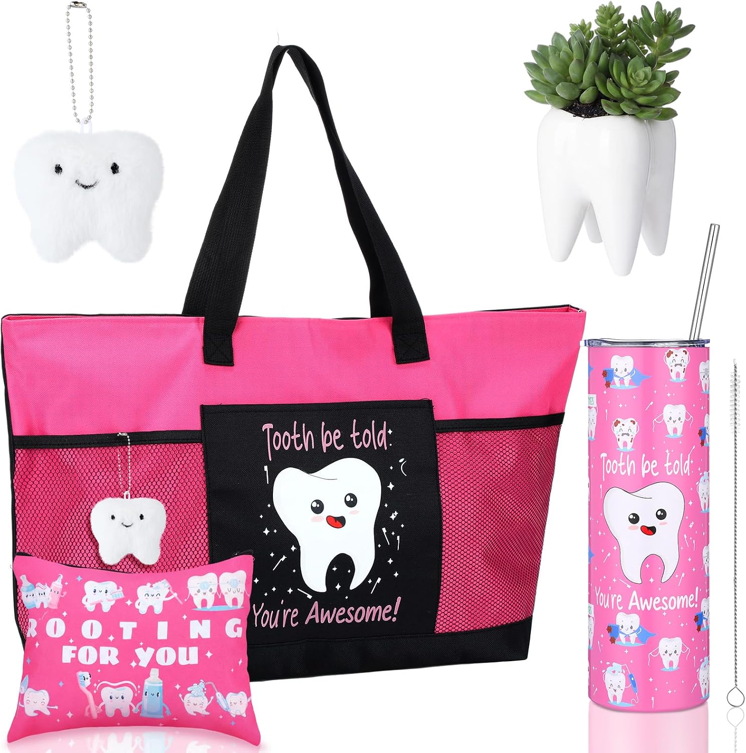 Hushee 5 Pcs Dental Gifts Dentist Assistant Hygienist Gifts Cna Week Gift Tooth Tote Bag Cosmetic Bag 20 oz Stainless Steel Tumbler Plush Keychain Teeth Succulent Pot for Graduation(Rose Pink)