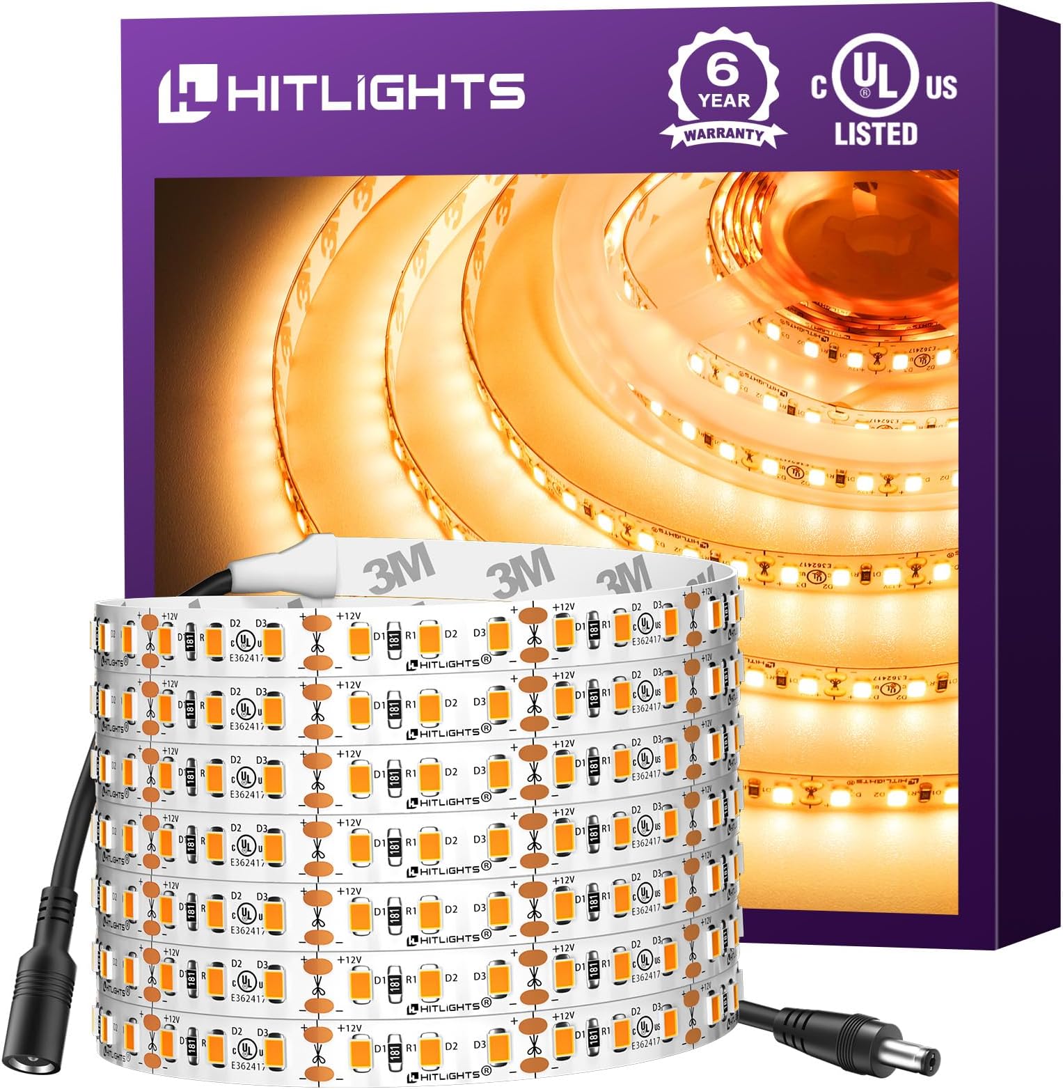 HitLights LED Strip Lights Warm White 2700K, 12V 16.4ft, UL Listed | 600 LEDs, 300Lm/ft, CRI90+, IP30, High Density, Dimmable Tape Lighting for Home Kitchen Cabinet, Power Source Not Included