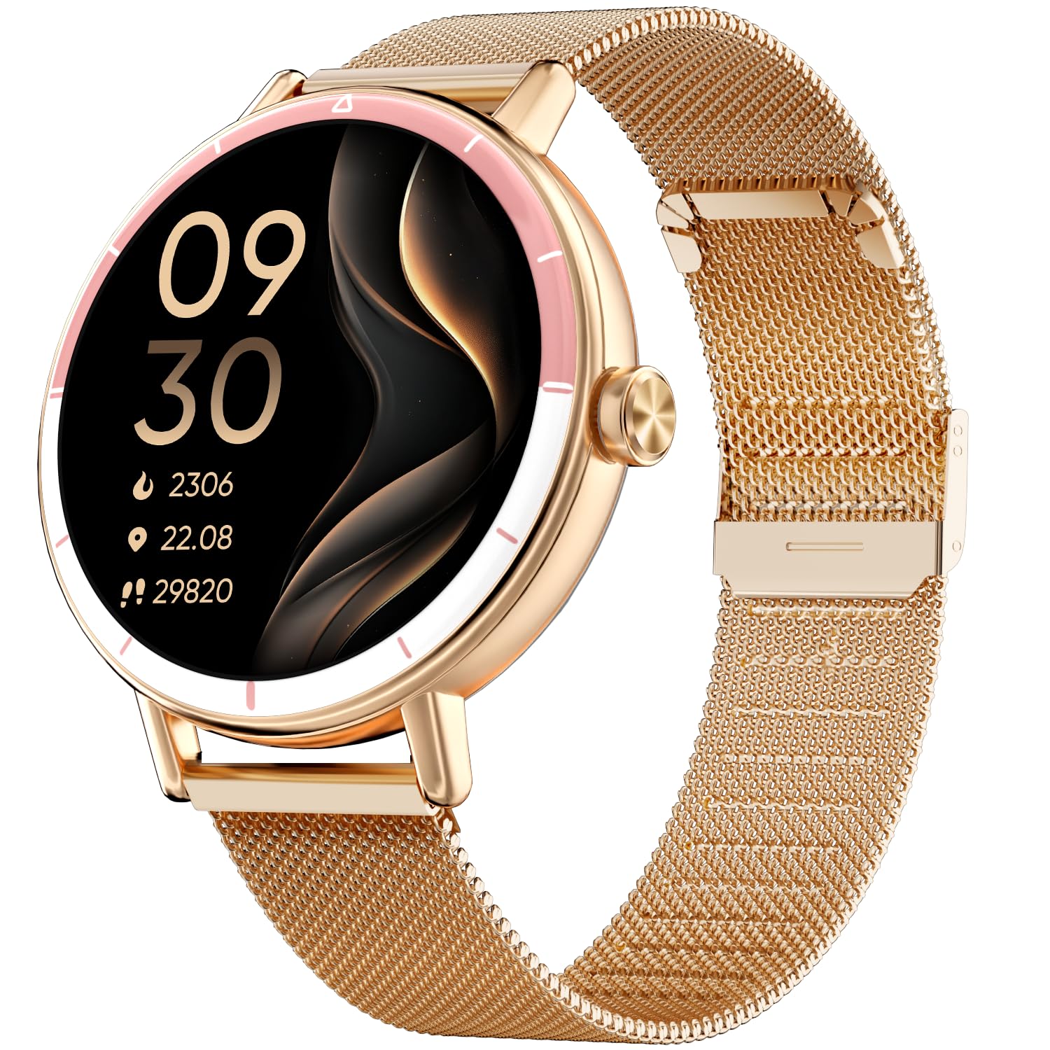TOOBUR Reloj Inteligente Mujer Redondo con Dos Correas, 40 mm Smartwatch Deportivo Que Cuenta Pasos y Calorías, Compatible con Android e iOS, Responder y Realizar Llamadas, IP68 Impermeable, Oro Rosa