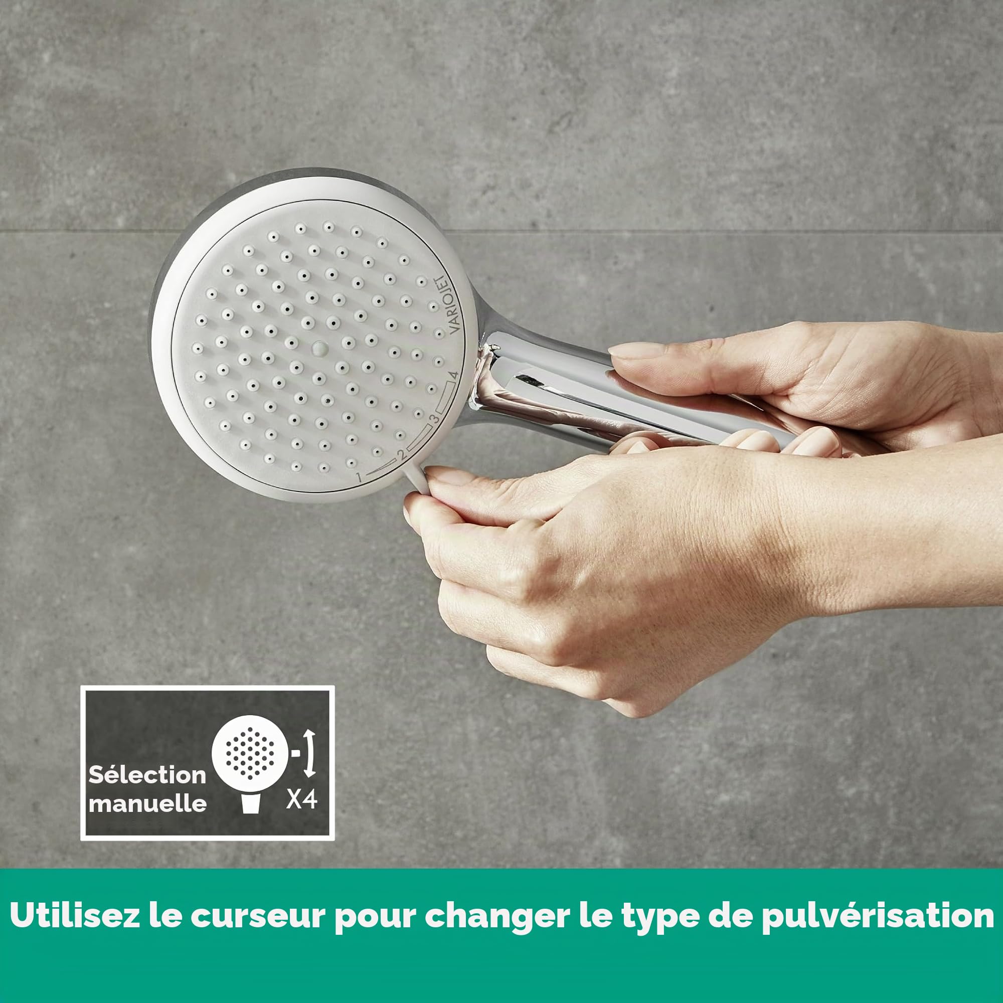 hansgrohe Croma 100 - Pommeau de douche économie d'eau avec 9 l/min (EcoSmart), Douchette à main avec 4 types de jet, Douchette ronde (diamètre 100 mm), Chromé, 28537000