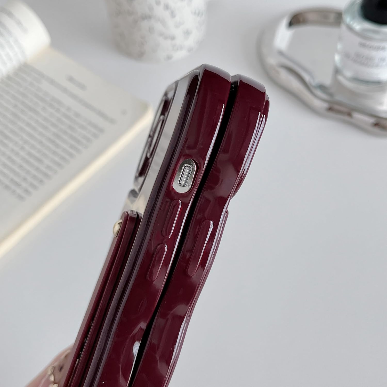 FABSPARK Phone Case for iPhone 14 with Flexible Adjustable Soft Finger Hand Wrist Strap Holder Kickstand,Wave Design Wavy Frame Silicone Aesthetic for iPhone 14 Phone Case,Wine Red - Image 6