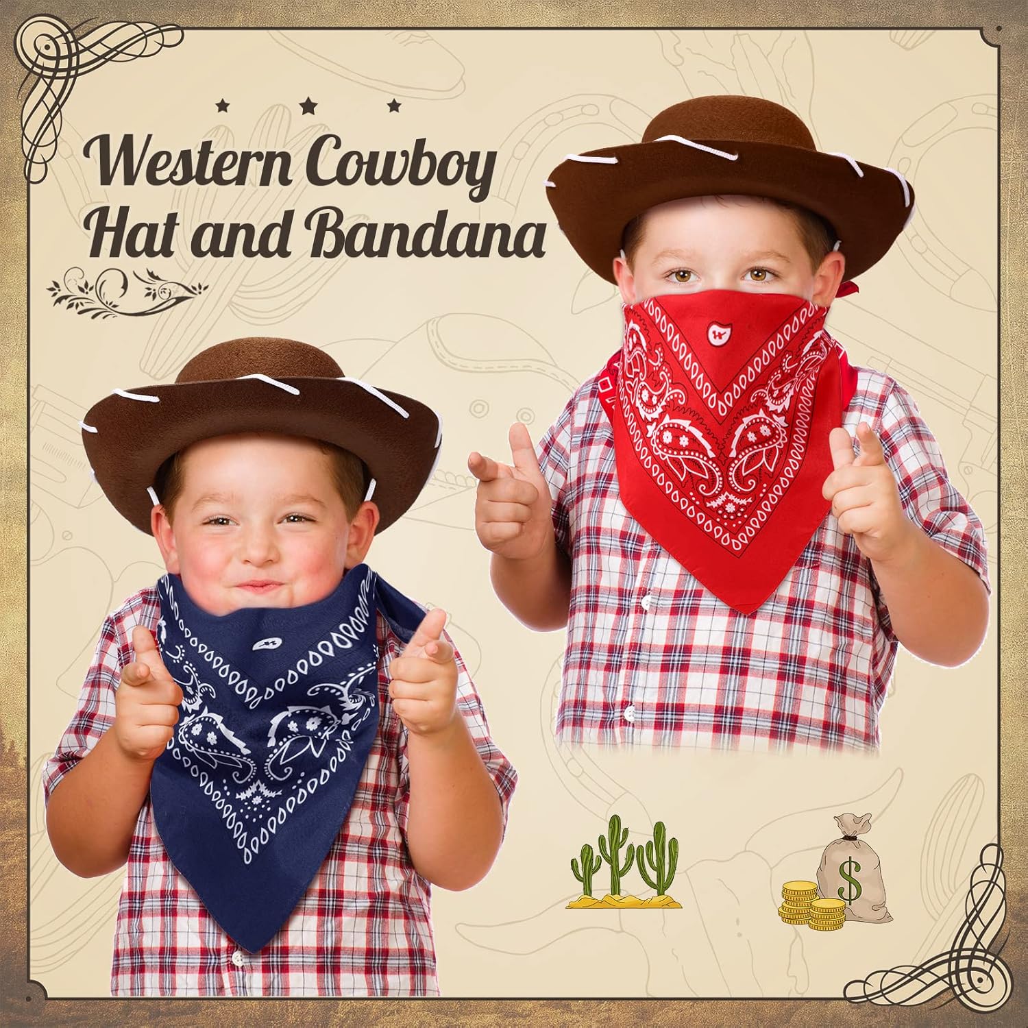 24 Pieces Cowboy Hats and Bandanas for Kids Western Cowboy Costume Hat Accessories for Toddler Child Western Theme Birthday Party Supplies Halloween Costume Dress(Dark Brown, Navy, Red) - Image 5