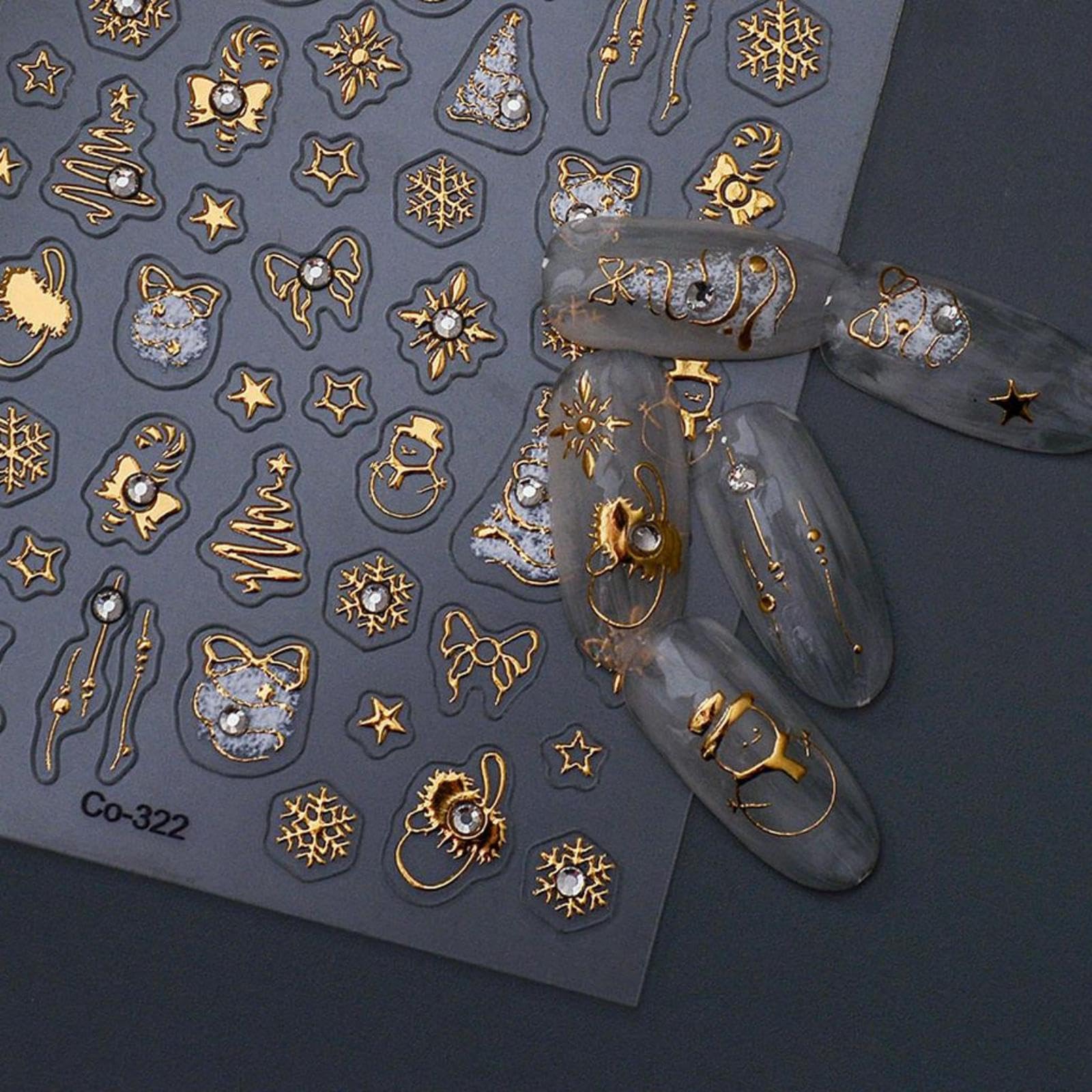 Snow Nail Stickers Christmas Tree Nail Art Decals Gold Nail Sticker for Nails Art Snowman Nails Decals with Rhinestone Design 5D Self Adhesive Nails