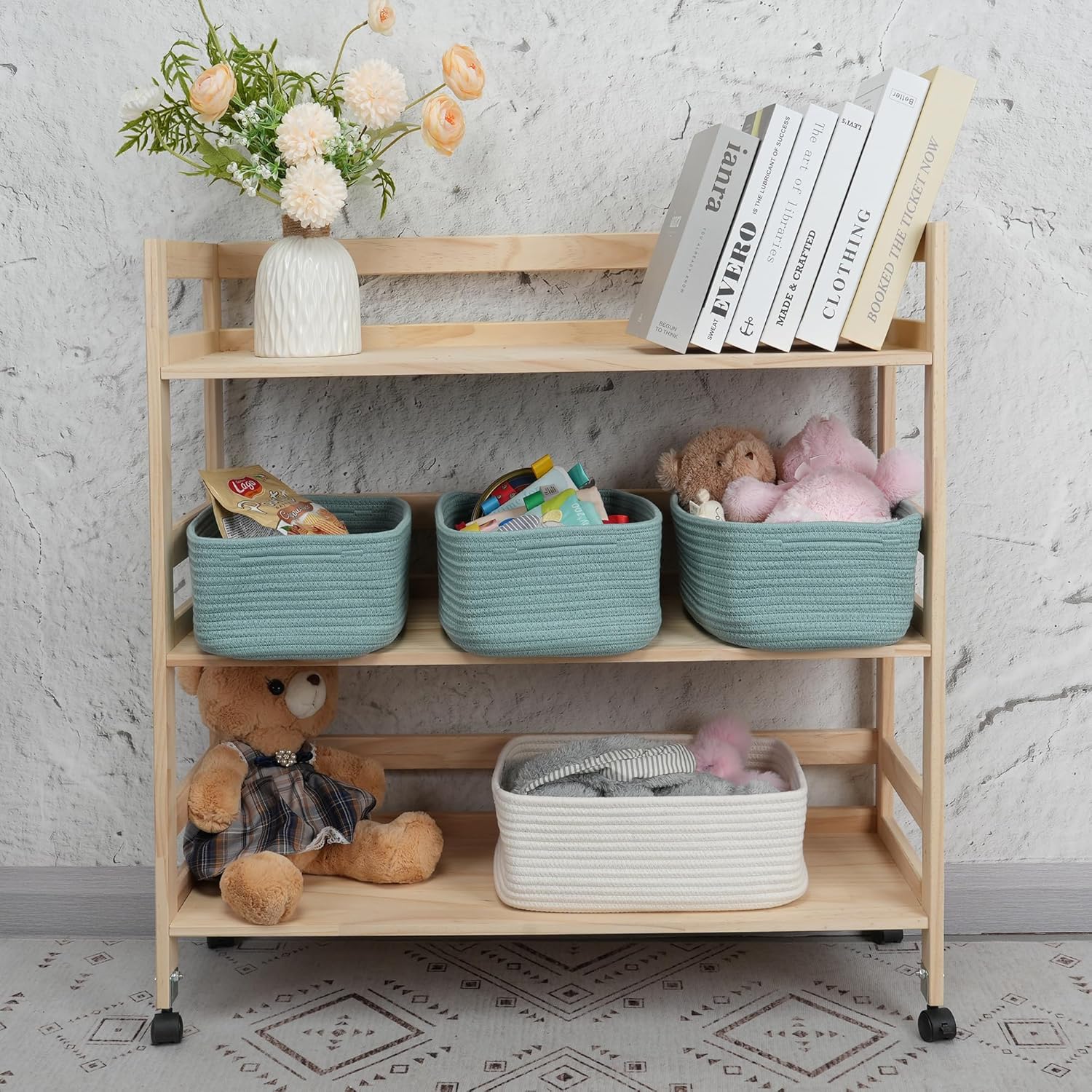 XUANGUO Small Woven Storage Baskets 12“X8”X5“ Decorative Rope Bins for Organizing Shelves, Closets, and Toys, Empty Gift Baskets, Cute Organizer Basket for Home and Office (green, regular)