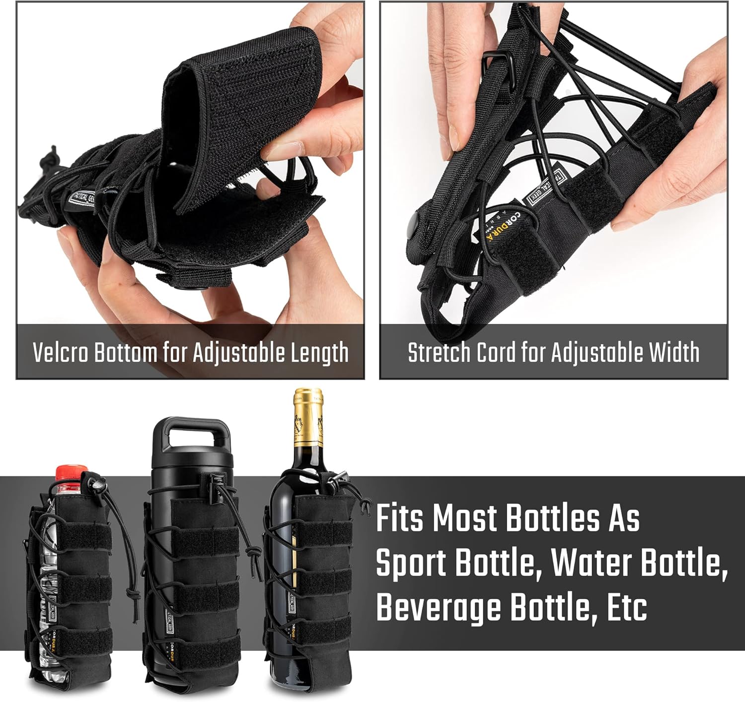 TACTICAL GEEK EXT11 Water Bottle Pouch, Portable Carrier, Drawstring Travel Holder, Adjustable Outdoor Sports Kettle Carrier Holster, Molle Water Bottle Holder (Black)