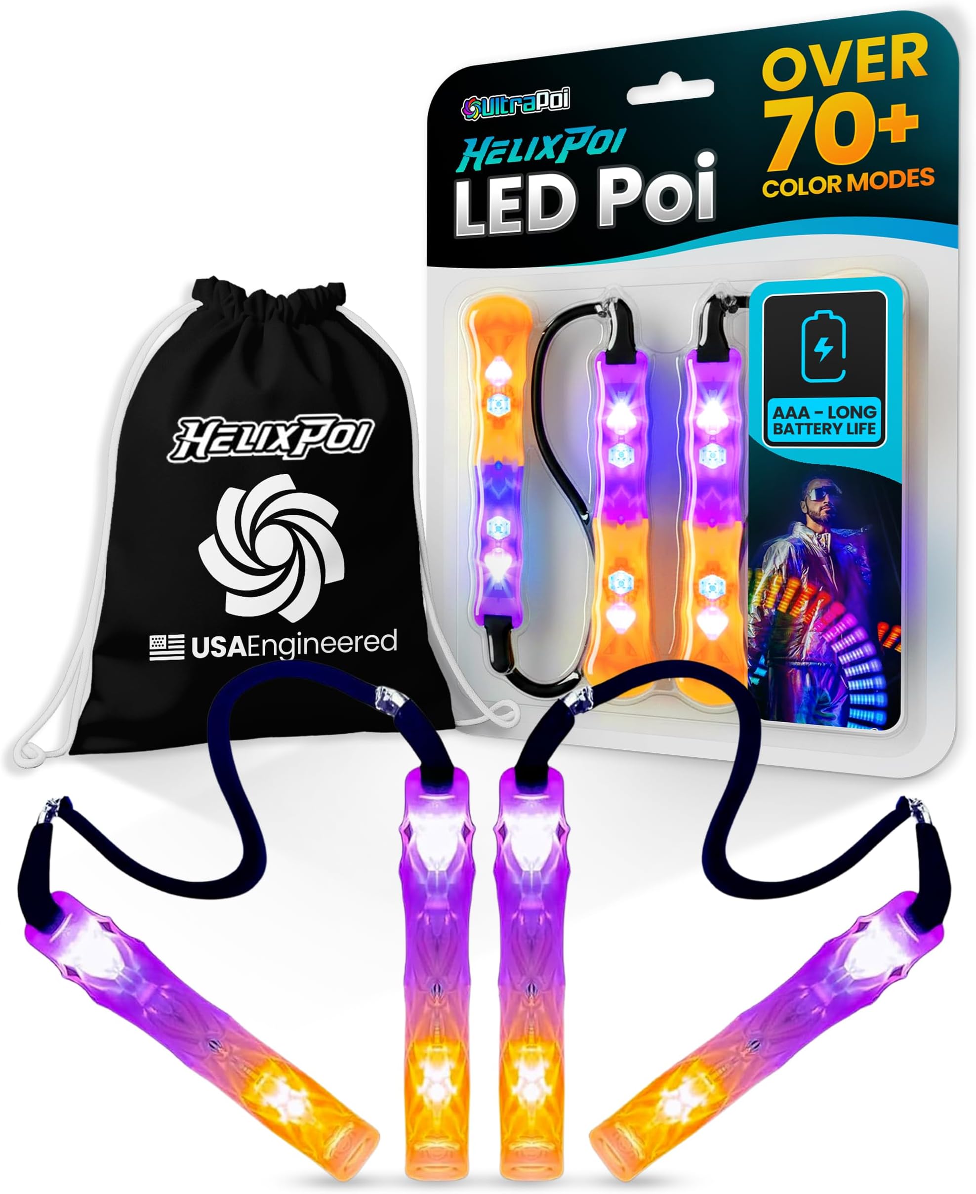 UltraPoi HelixPoi LED Glowstick Handles Set - Light Up Glow Sticks w/Soft Silicone Handles, Adjustable Leashes, and Gear Bag - 70+ Color Modes and Patterns Flow Art Toys for Parties, and Festivals