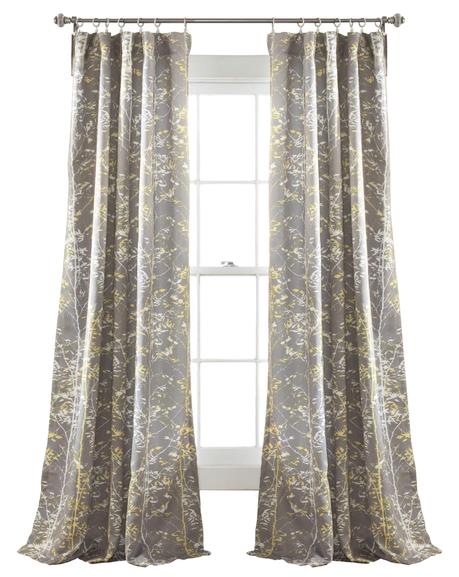 Lush Decor Forest 84 X 52 1 Curtains-Tree Branch Leaf Darkening Window Panel Drapes Set for Living, Dining, Bedroom (Pair), 84 in x 52 in, Gray/Yellow