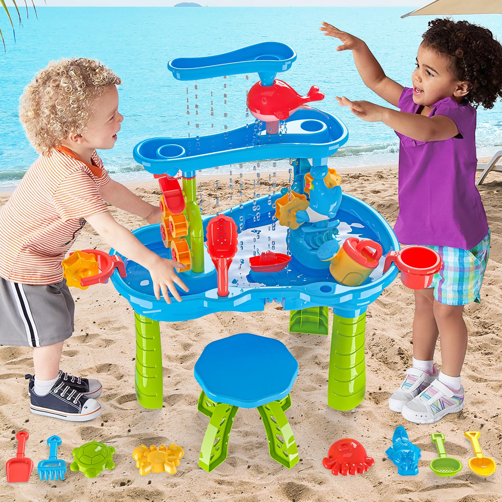 deAO Tavolo Acqua e Sabbia per Bambini 3+ Anni – Tavolo Sensoriale con Cascata e Ruota ad Acqua, 13 Accessori Giochi da Spiaggia, Tavolo attività Acqua Giardino Giocattolo Esterno