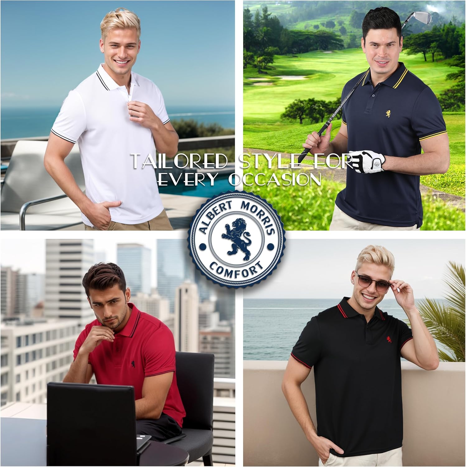 Albert Morris Men’s Short Sleeve Polo Shirts, Regular Fit, Moisture Wicking Performance Polyester, 4-Pack - Image 2