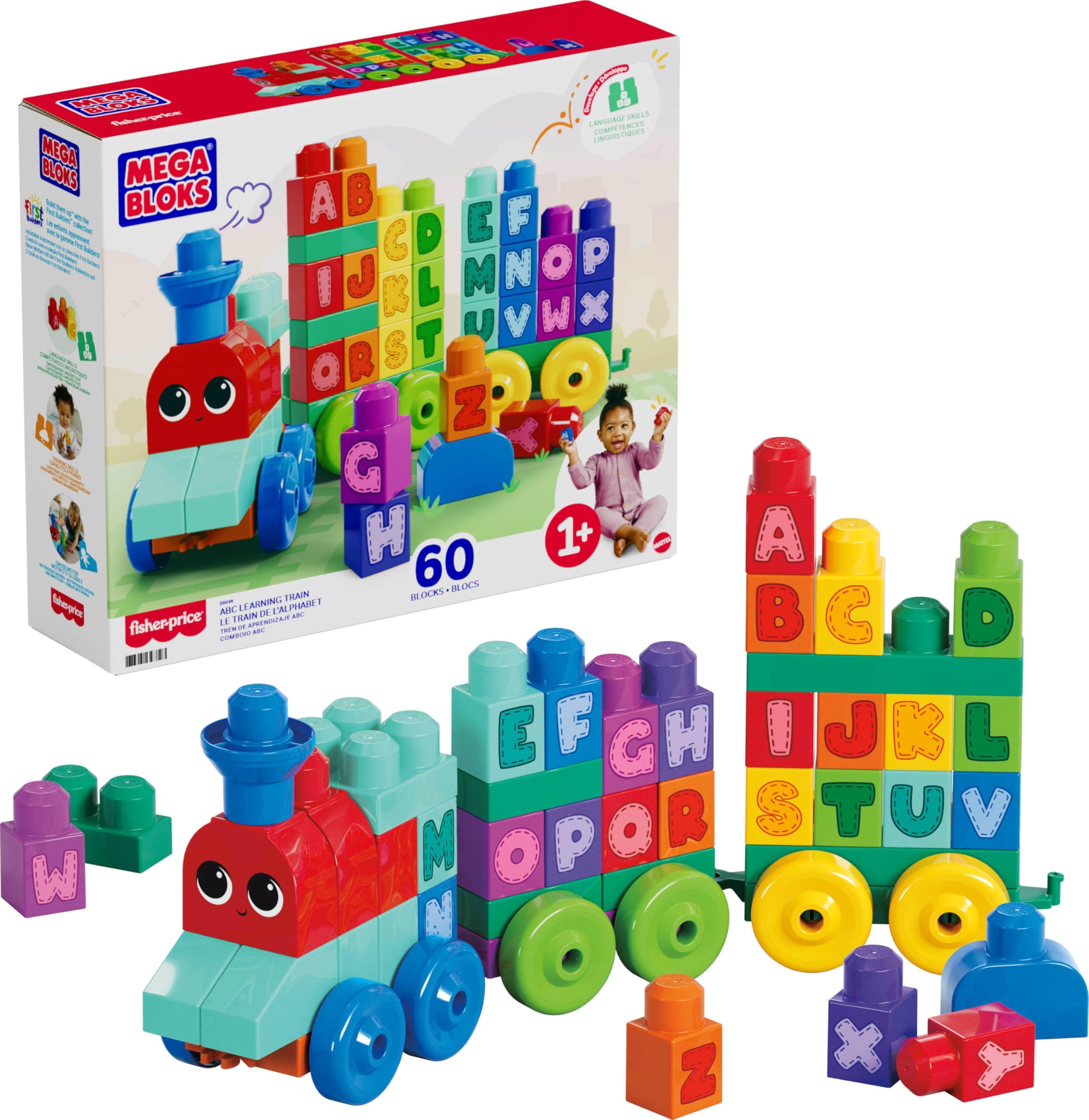MEGA BLOKS First Builders Toddler Building Blocks Toy Set, ABC Learning Train with 60 Pieces, Ages 1+ Years