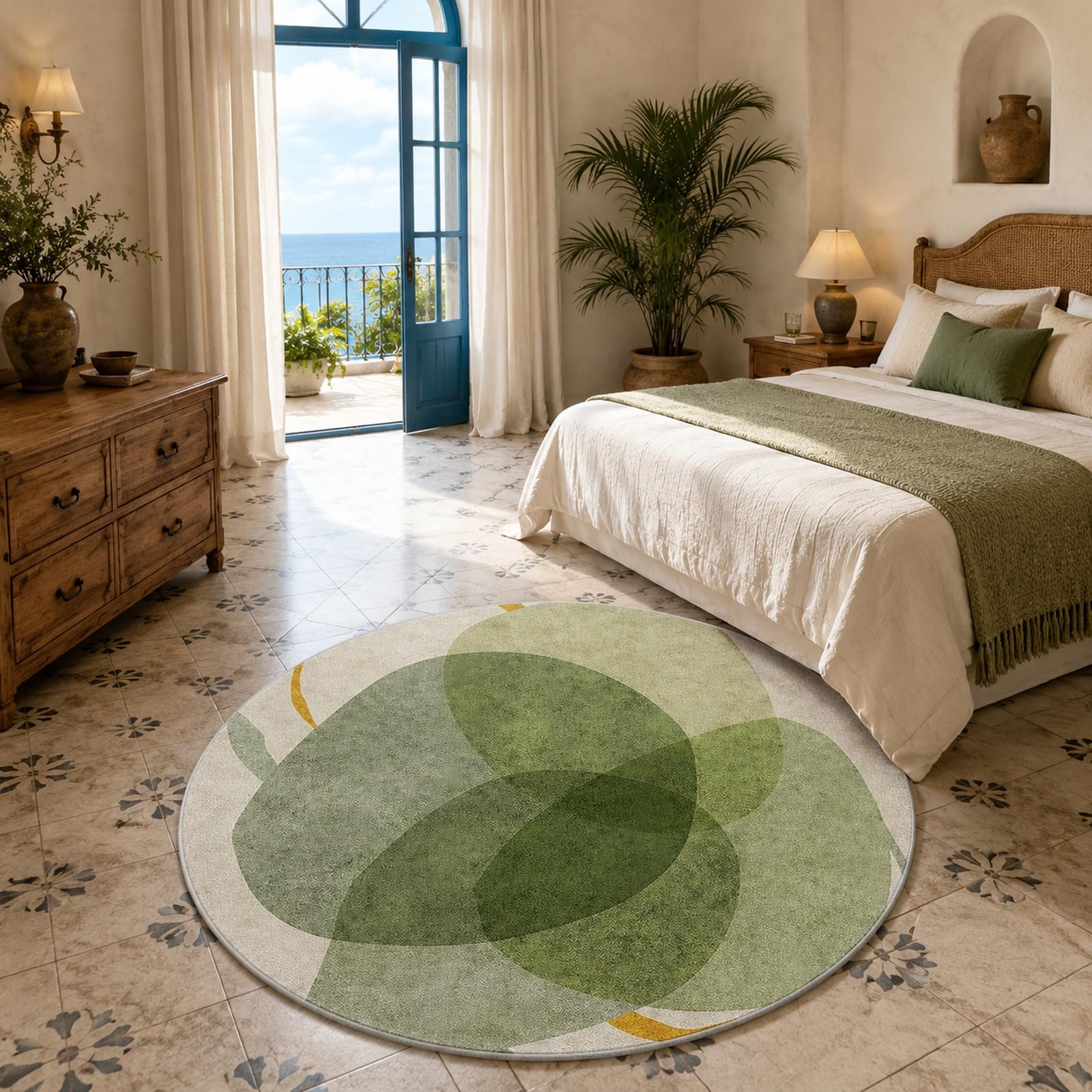 Tapis rond abstrait moderne vert gris jaune 70 cm pour descente de lit