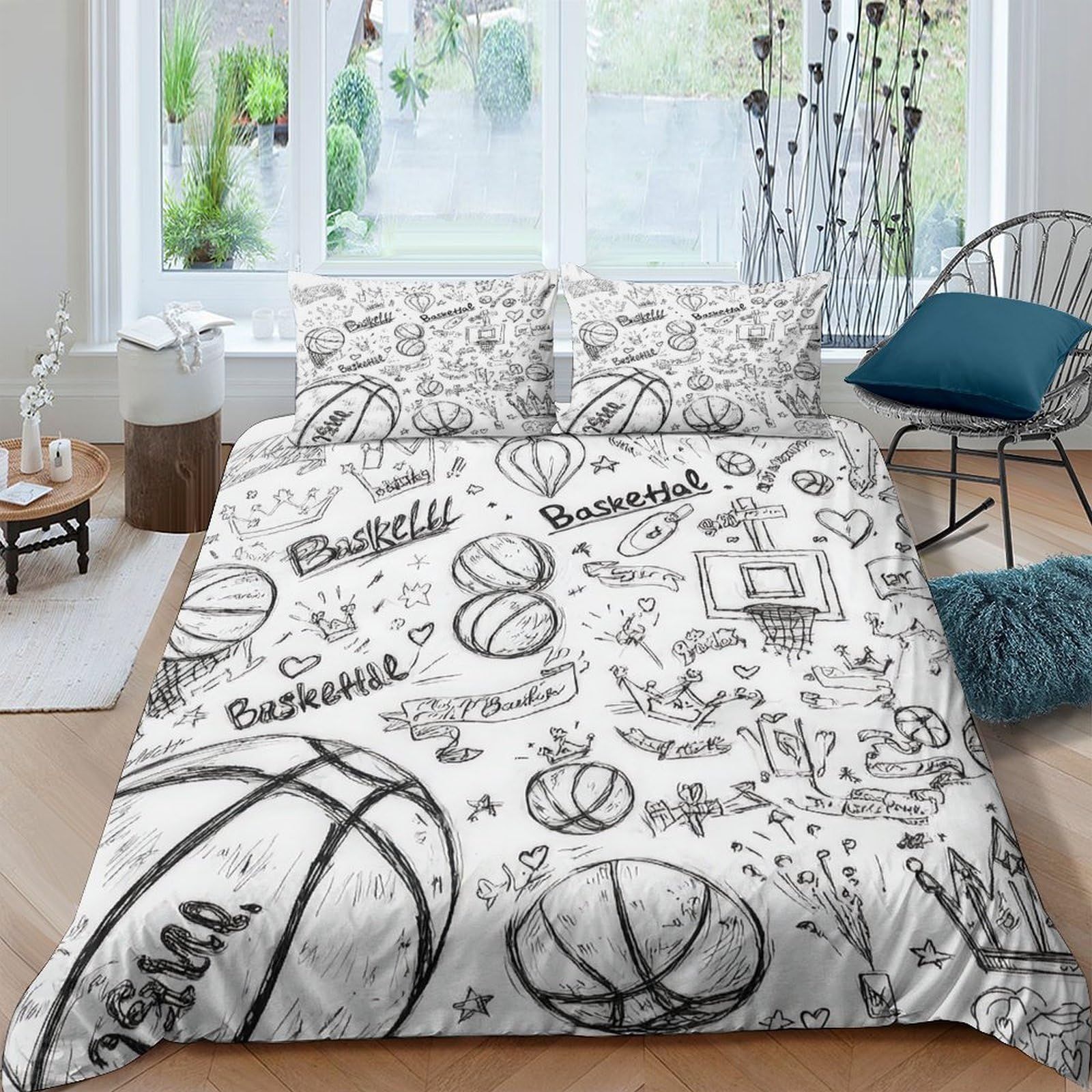 Ctjqhvkz Style-2 3D Printed Basketball Sketch Fitted Sheet Microfiber Soft Machine Washable Graffiti Bed Cover For Bedroom Decor Single（135X200cm）