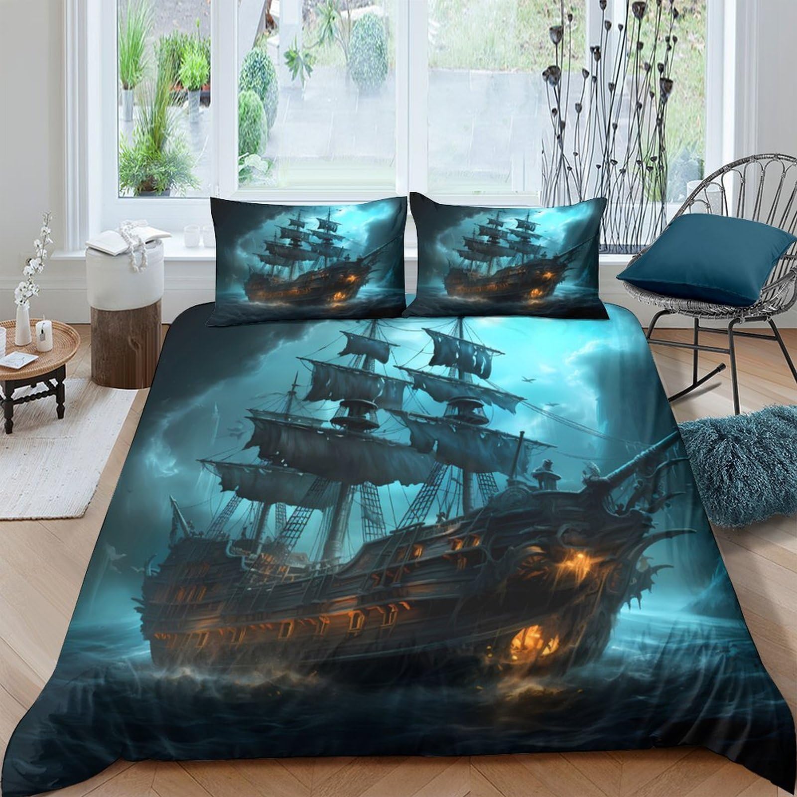 Ctjqhvkz Style-4 3D Printed Pirate Ghost Ship Fitted Sheet Microfiber Soft Breathable Ocean Night Bed Cover For Bedroom Decor Single（135X200cm）