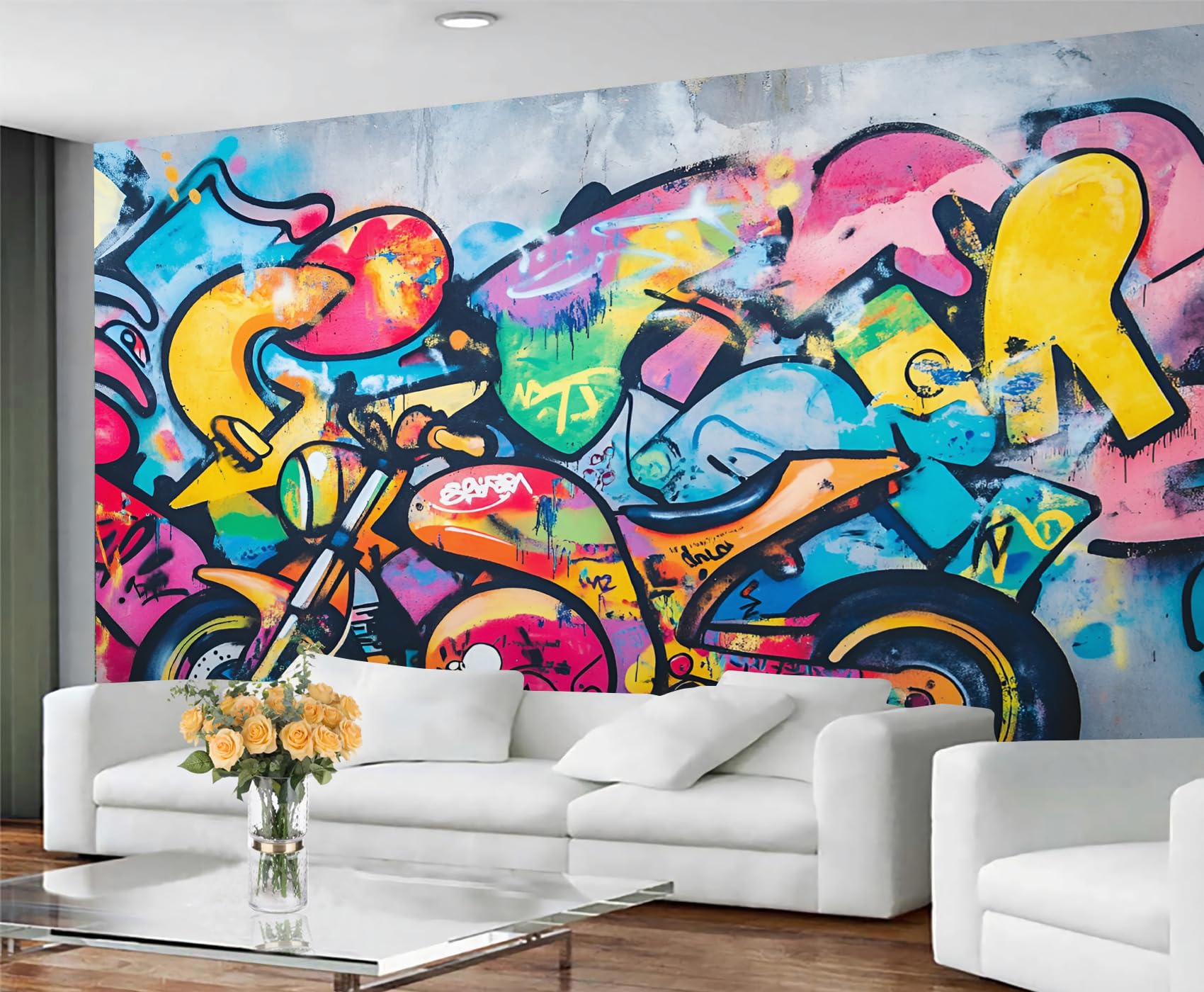 GIVLWF Street Art Graffiti Wallpaper, Motorcycle Graffiti Bedroom Wallpaper Murals, Hip Hop Wall Paper for Living Room, Abstract Large Mural & Boys Room Decor, Painting Not Self Adhesive