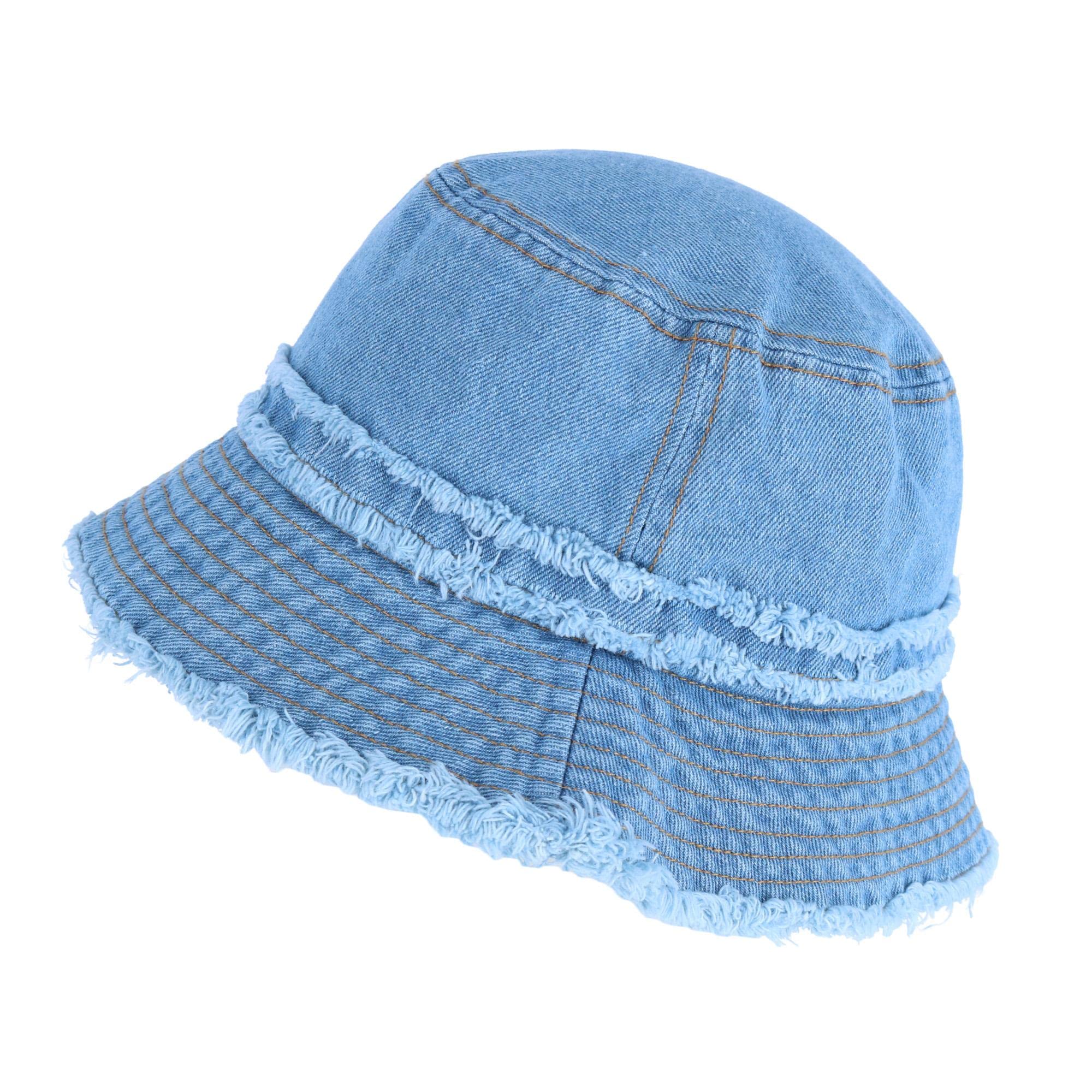 David & Young Women's Distressed Denim Bucket Hat with Frayed Edges, Blue