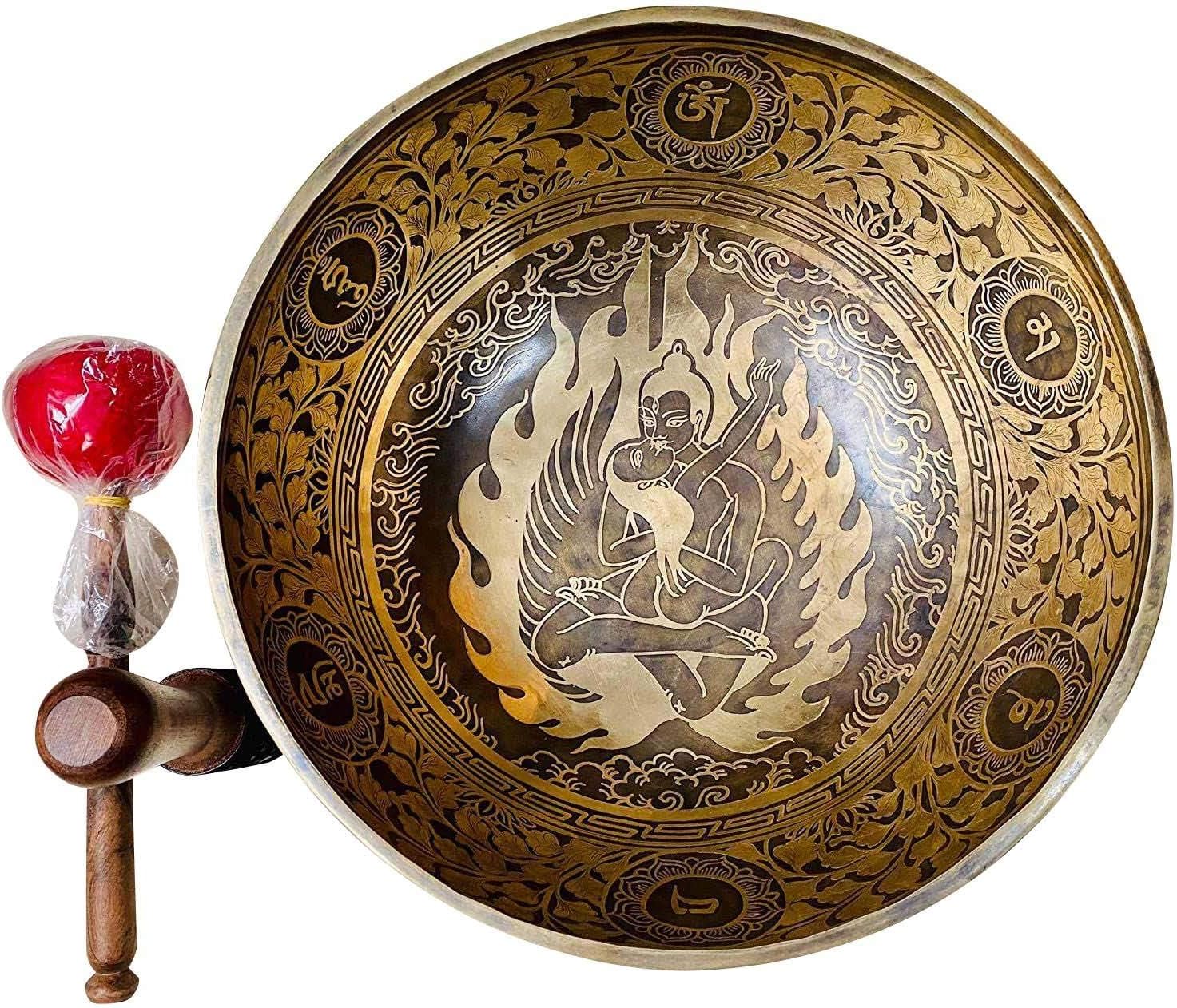 -12 Inches Master Healing"Buddha Shakti Carved Tibetan Singing Bowl,Meditation Bowl, Tibetan Bowls, Free Singing Bowl Silk Cushion, Striker and Drum Stick