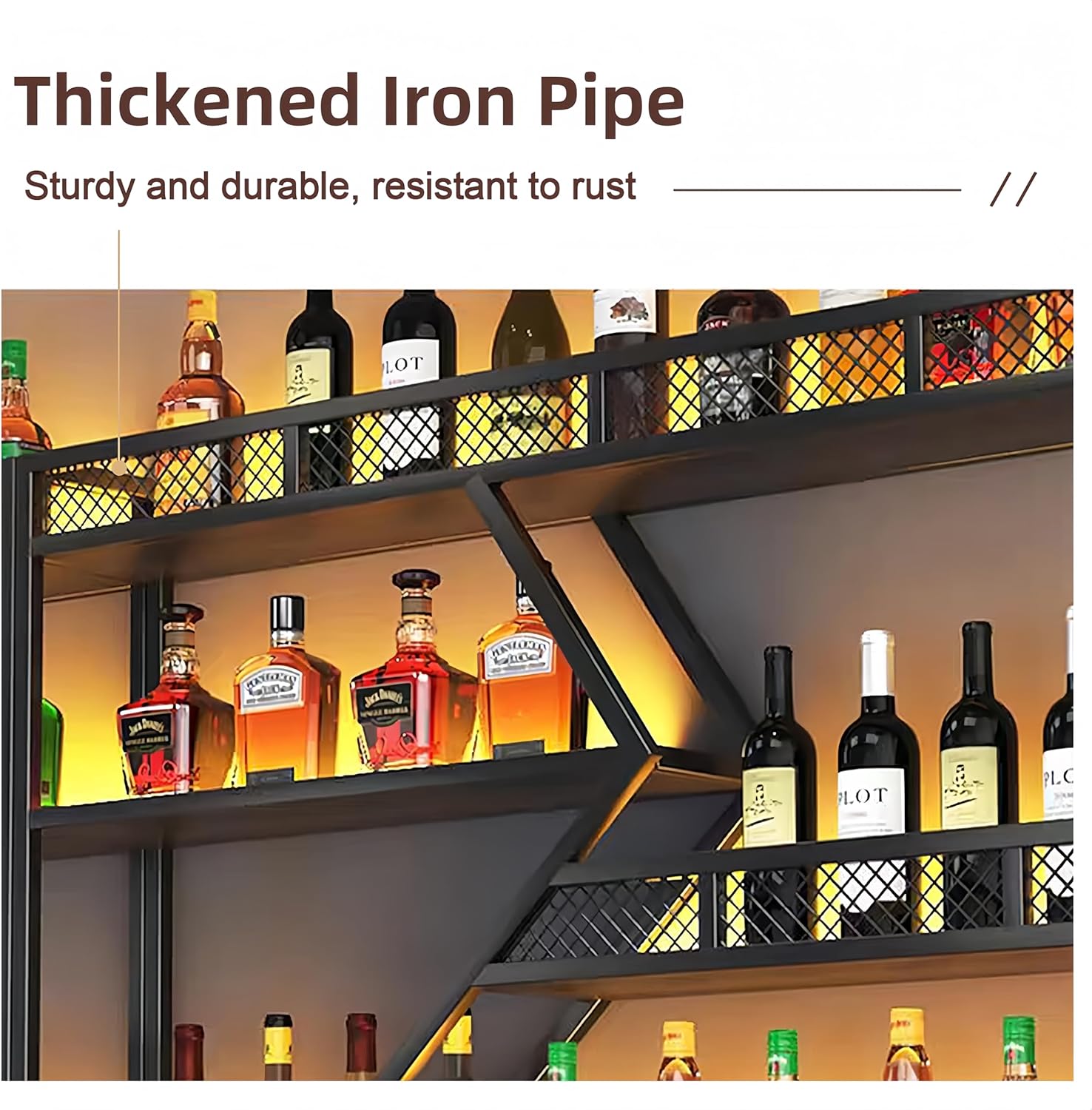 59 Inch Metal Wine Rack Wall Mounted, Modern Bar Shelves Wall Mounted Wine Rack with LED Light, Liquor Shelf Wall Mounted, Bar Shelves for Liquor Bottles (Black with Blue Led, 59-3 Tier)