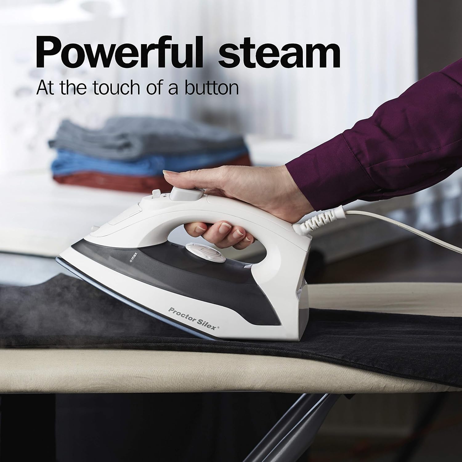 Proctor Silex Iron & Vertical Steamer for Clothes with DuraGlide Ceramic Nonstick Soleplate, 1200 Watts, Adjustable Steam Settings, White (17011)