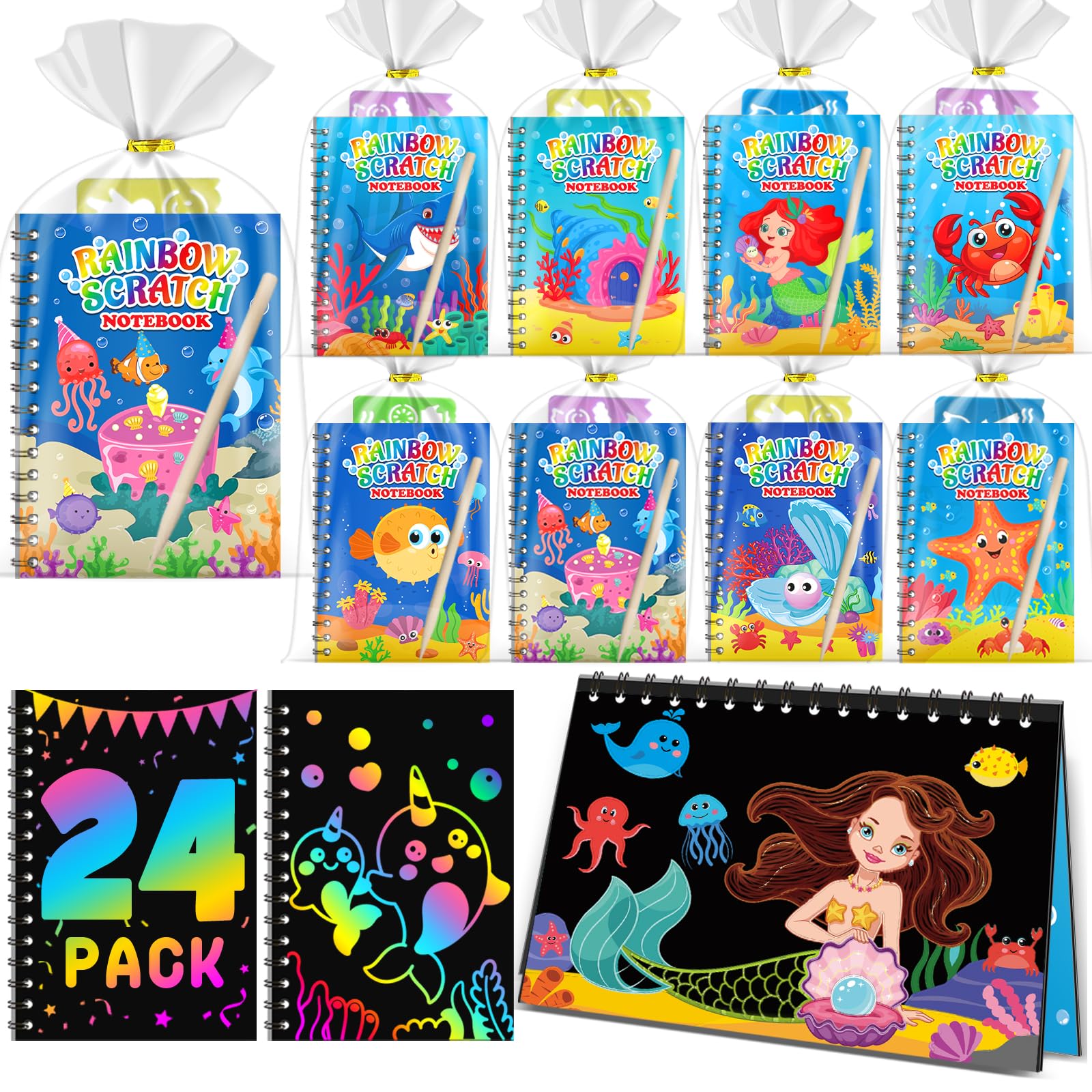 Scratch Art, Party Bag Fillers for Kids - Rainbow Scratch Art, Arts and Crafts, Class Gifts, Birthday Return Gifts for Boys Girls Age 4-9 (24-Pack Ocean) — image 1