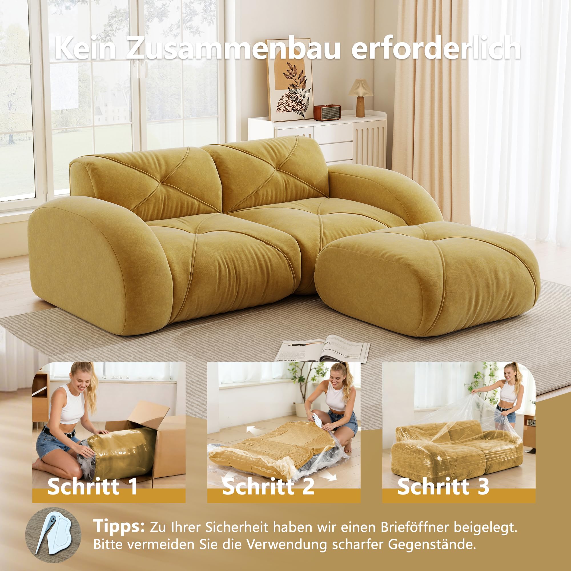Bladez Divano modulare a 2 posti con sgabello Ciniglia Moderno Loveseat Soggiorno Divano con Braccioli Curvi, Senza Montaggio Divano Boneless Compressione Cloud Divani (Giallo, 2 Posti+1)