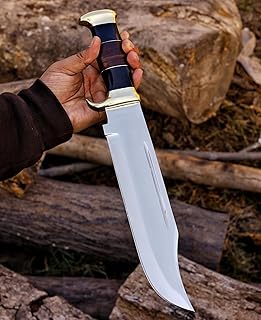 HMC 15 Inch Large Handmade Crocodile Dundee Bowie Knife with Leather Sheath - Mirror Polished D2 Stainless Steel Bowie Knife - Razor Sharp Custom Bowie Knife for Men, Women, Outdoor, Hunting Bowie Knives, Buffalo Horn Handle Fixed Blade Hunting knife - HANDMADE COMPLEX