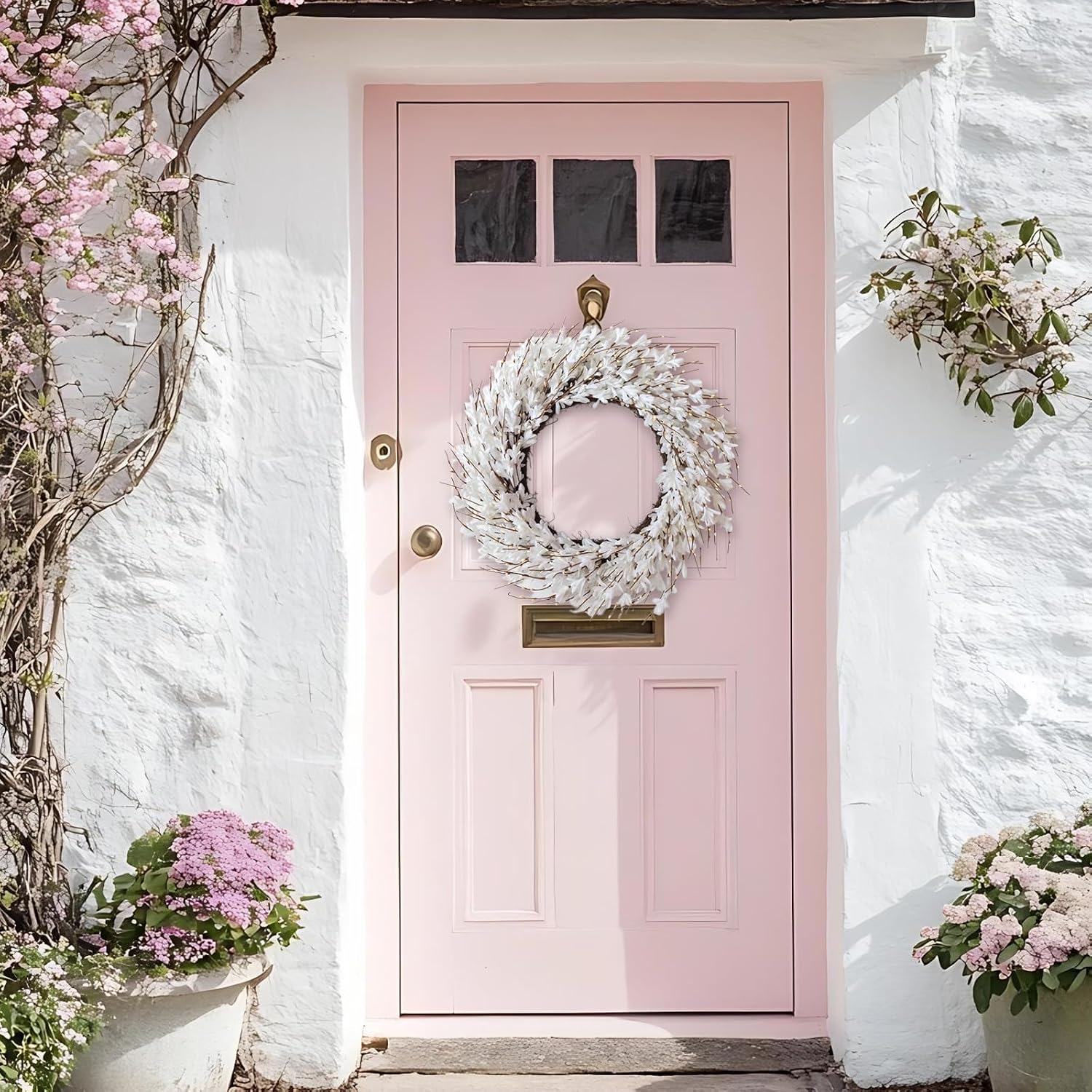 Bibelot 26 Inch Forsythia Spring Wreath for Front Door, Large Spring Summer Floral Wreath, Artificial Spring Door Wreaths All Season for Porch, Wall, Window, Farmhouse Decor (White)