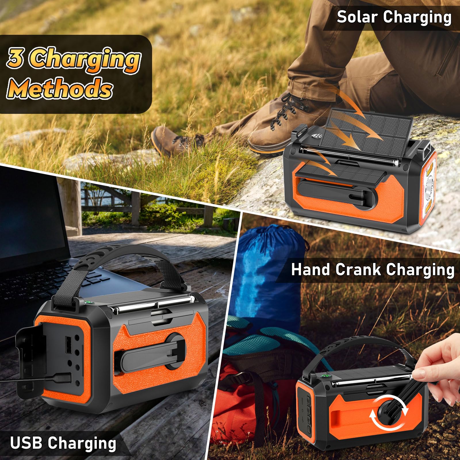 12000mAh Kurbelradio mit Handyladefunktion, Solar Radio mit 2 Sonnenkollektoren, AM/FM Tragbar Notfallradio mit Kopfhöreranschluss/Leseleuchte/LED Taschenlampe/Kompass/SOS Alarm für Camping Outdoor