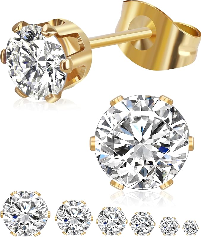 6/12 Parirs Silver Gold Stud Earrings Set for Women Men, Hypoallergenic | AAA+ Cubic Zirconia, 14K Gold Plated 316L Surgical Stainless Steel, 3/4/5/6/7/8mm, Lightweight, Multiple Piercing Jewelry
