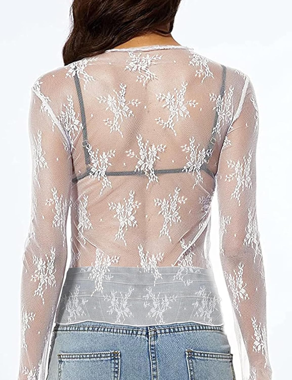 Buauty Mesh Long Sleeve Top for Women, Lace Sheer Tops See Through Mock Neck Floral Embroidery Sheer Blouce Fishnet Shirt - Image 3