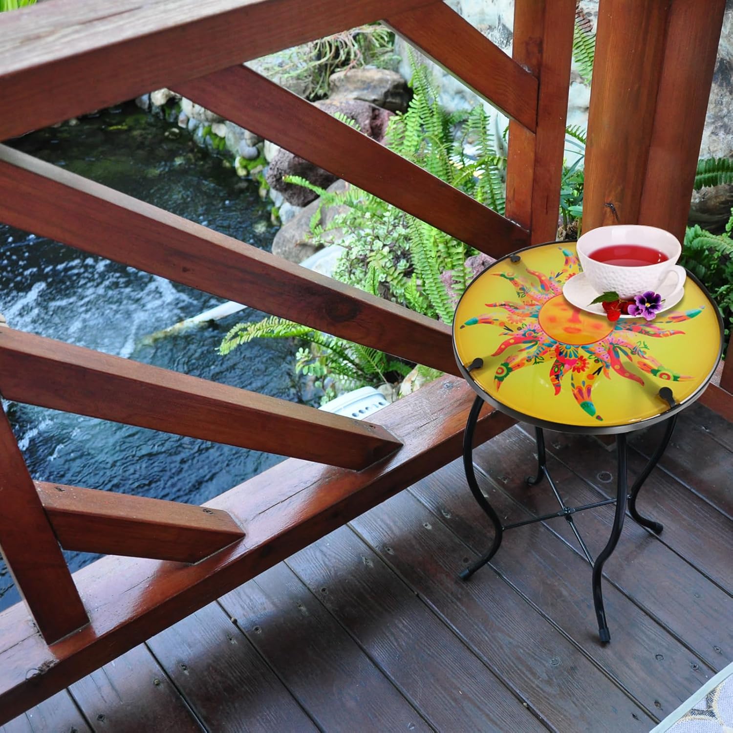 Patio Side Table Outdoor Metal Accent Table Round Glass Balcony Plant End Table Garden Lawn Indoor Coffee Table