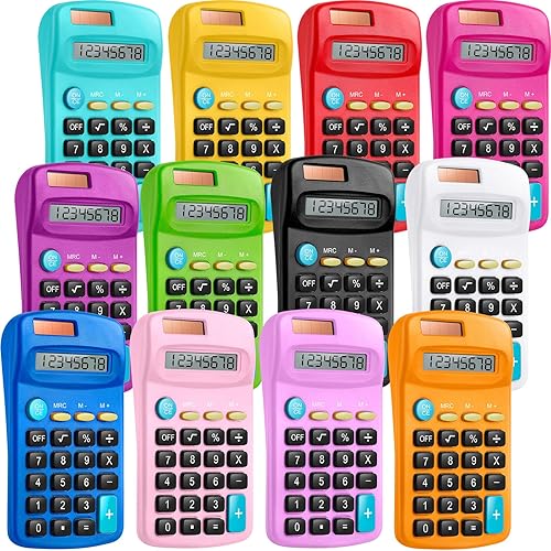 Miniatura 9 de Paquete de 12 mini calculadoras azules de bolsillo para estudiantes en ángulo de mano, pantalla de 8 dígitos, batería solar, calculadora pequeña