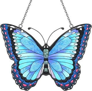 Blue Butterfly Suncatcher Stained Glass Window Hanging Butterfly Ornaments Gift for Mom, Women, Wife, Mother's Day (Blue)