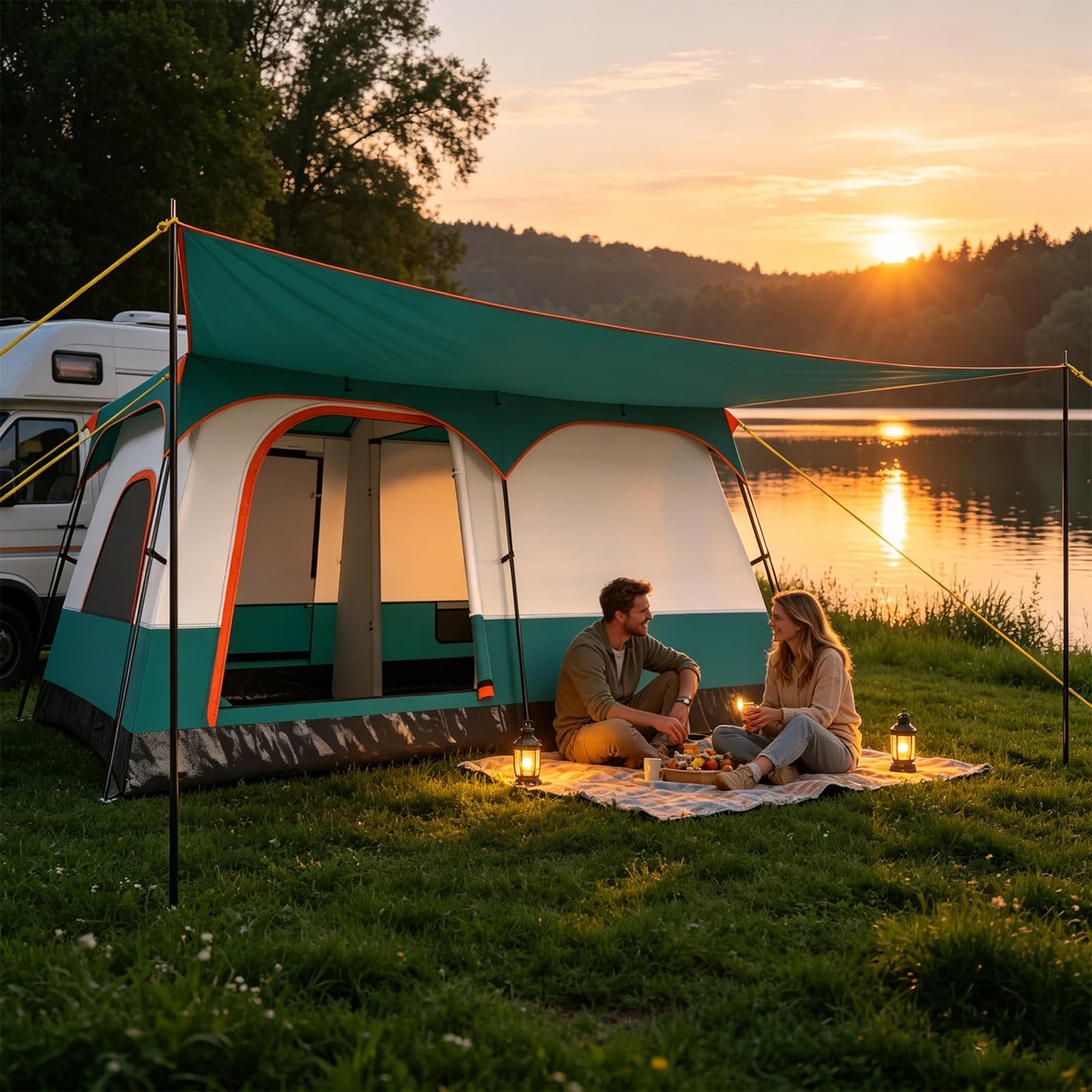 GYMAX Tunnelzelt 4-10 Personen, Wasserdicht 3000mm, Stehhöhe 1,8-2m, Camping Zelt mit 2 Eingänge, Vordach & abnehmbares Doppeldach, große Familienzelt für Camping, Reise & Trekking